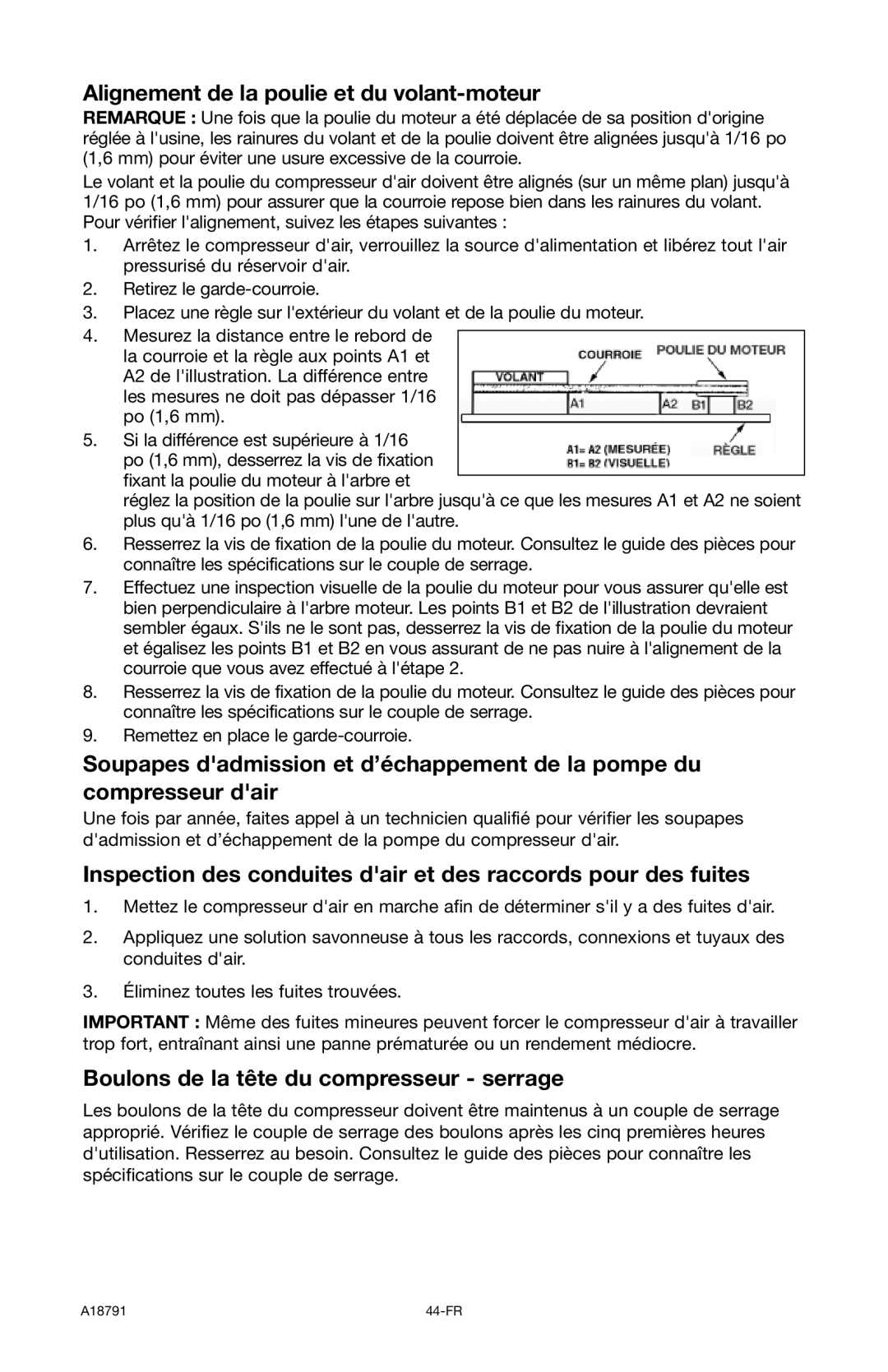 Excell Precision E7540 Alignement de la poulie et du volant-moteur, Boulons de la tête du compresseur serrage 