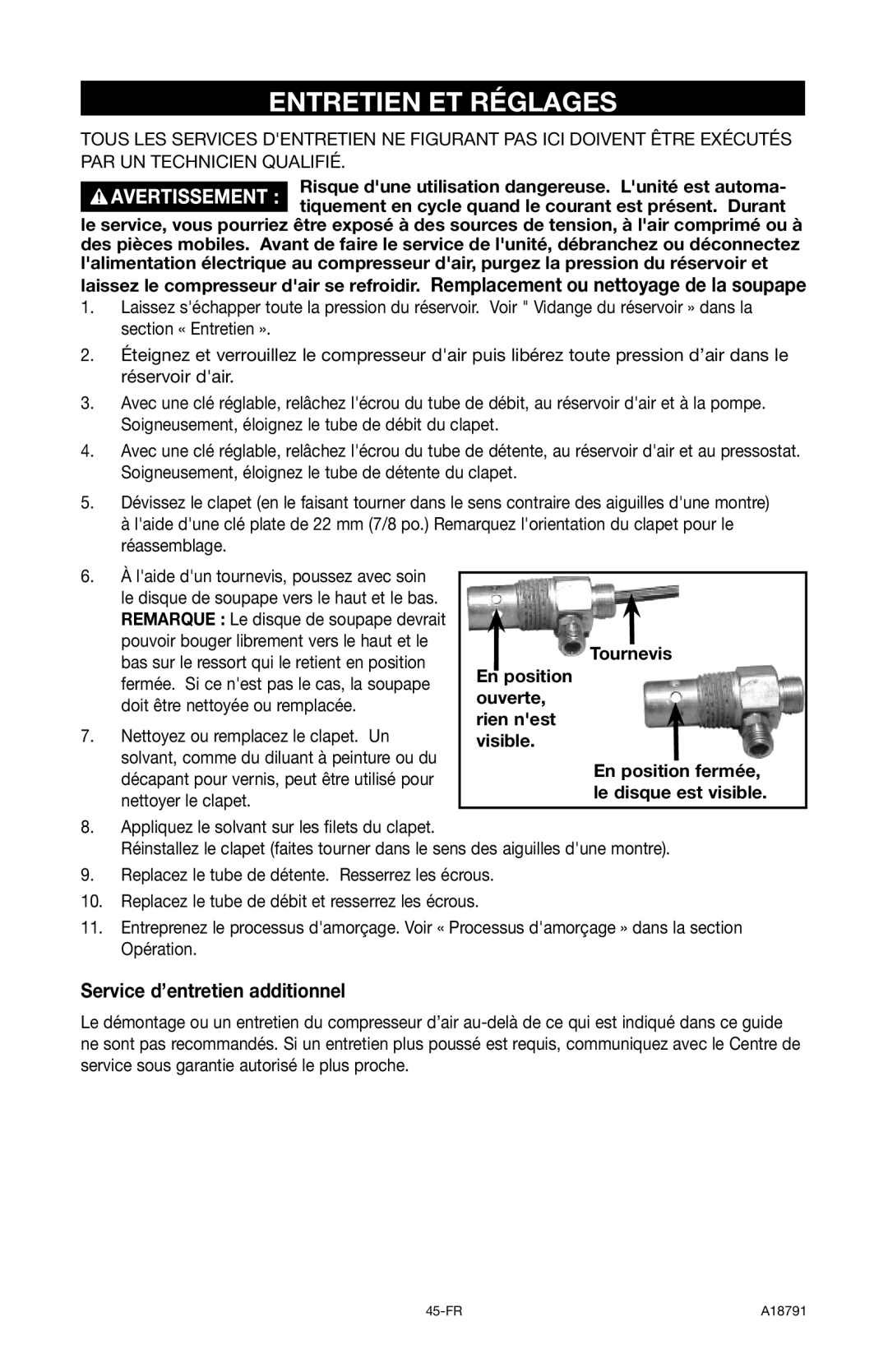 Excell Precision E7540 operation manual Entretien ET Réglages, Service d’entretien additionnel 