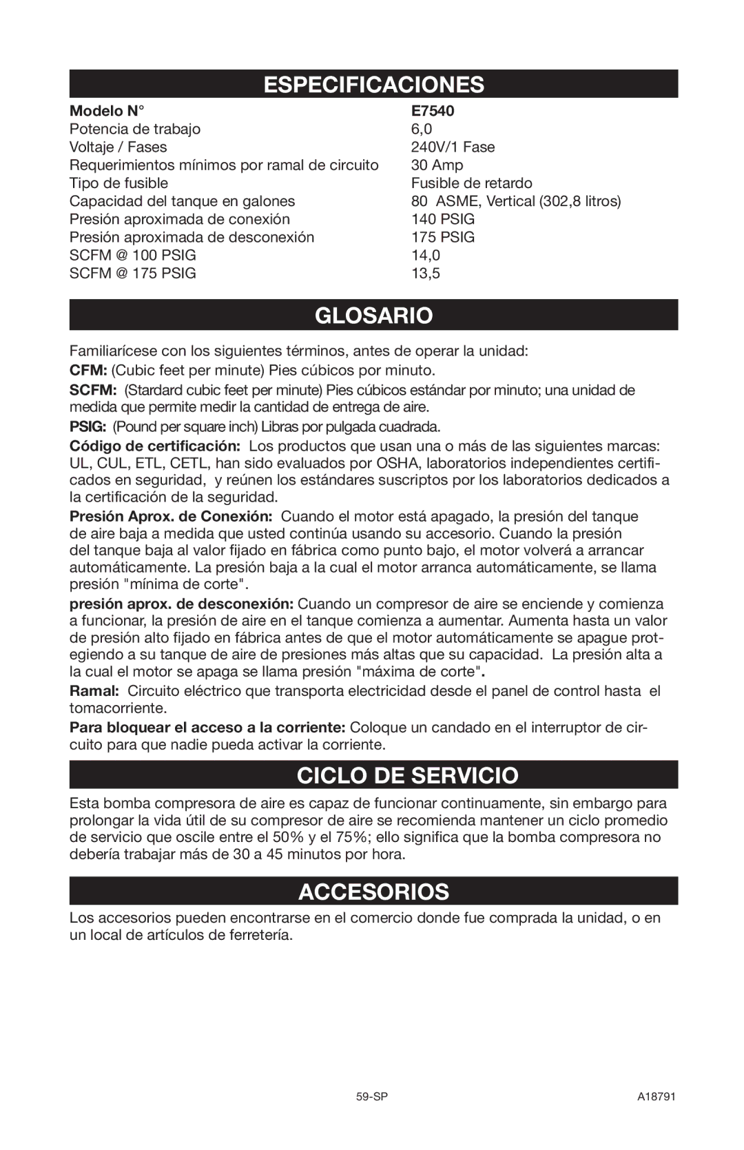 Excell Precision operation manual Especificaciones, Glosario, Ciclo DE Servicio, Accesorios, Modelo N E7540 