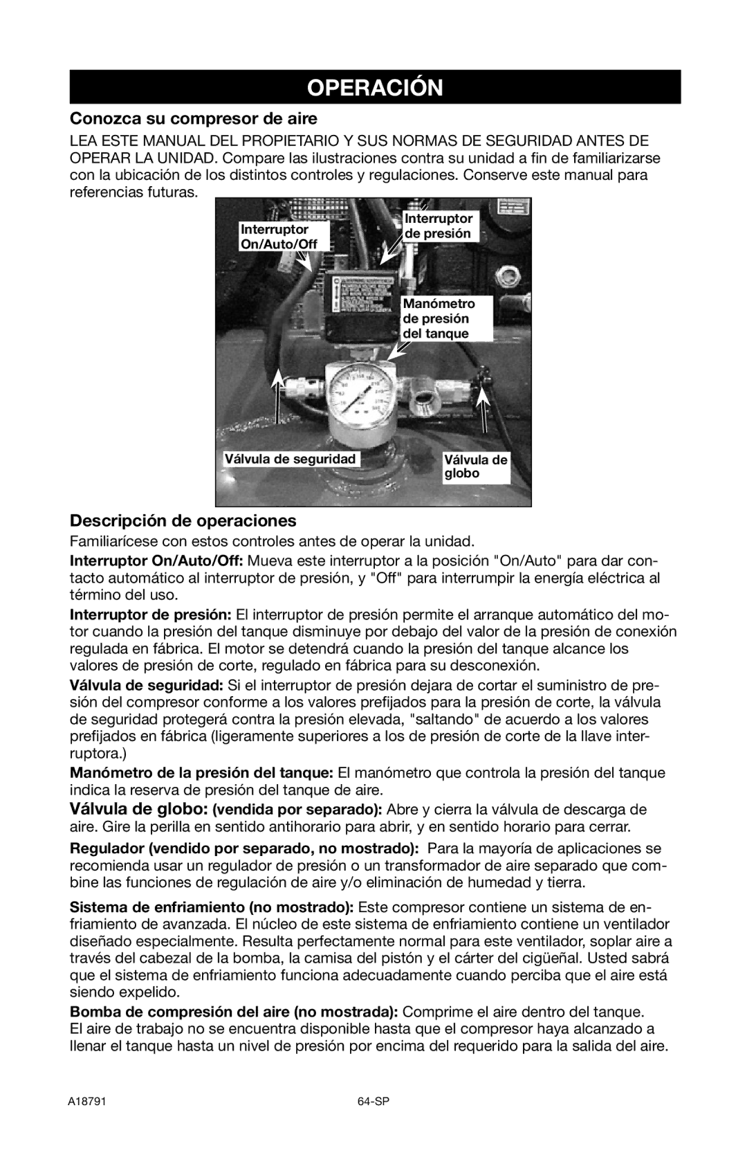 Excell Precision E7540 operation manual Operación, Conozca su compresor de aire, Descripción de operaciones 