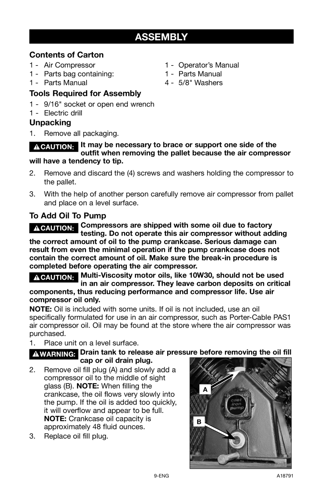 Excell Precision E7540 operation manual Contents of Carton, Tools Required for Assembly, Unpacking, To Add Oil To Pump 