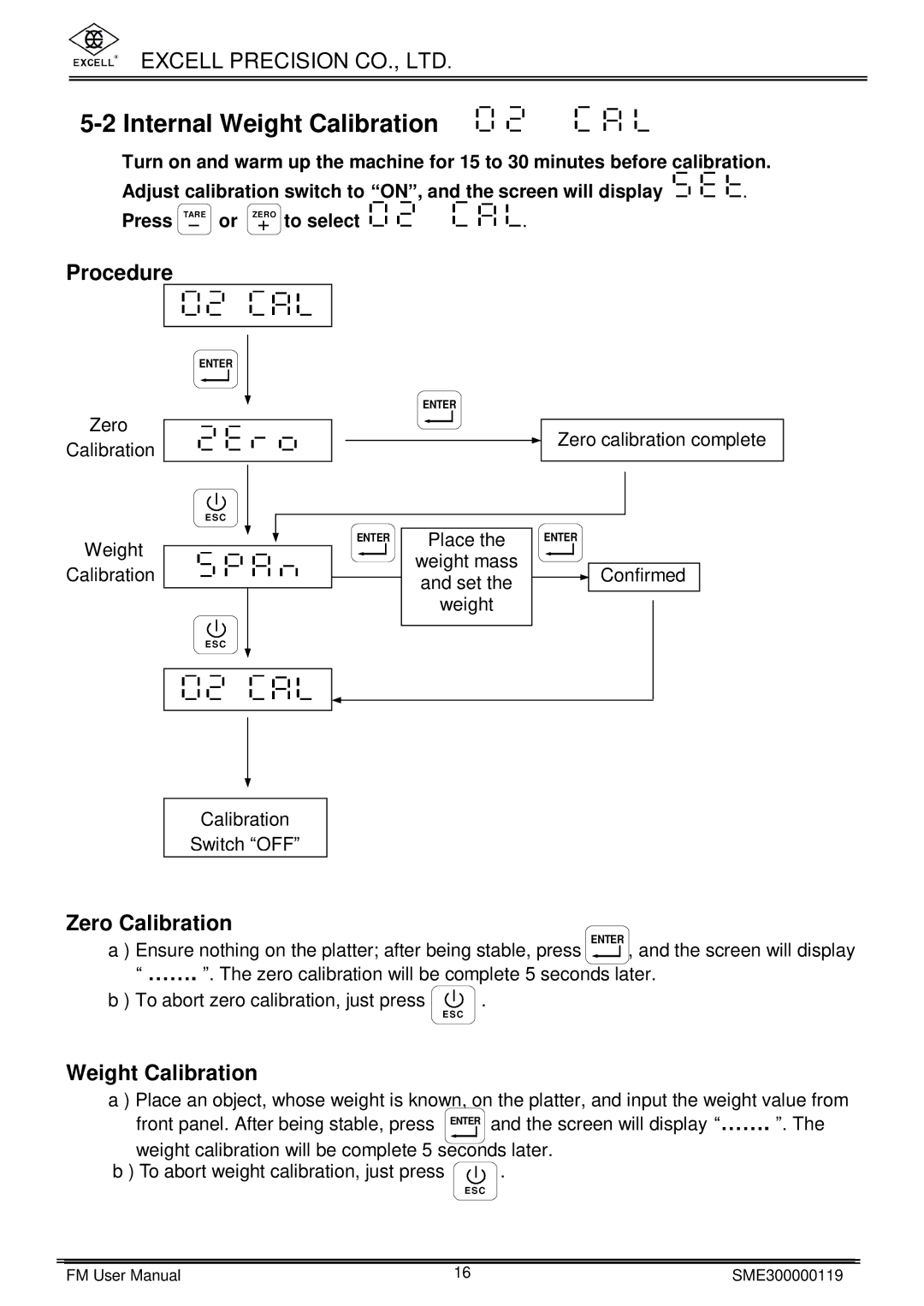 Excell Precision FM user manual Weight Calibration 