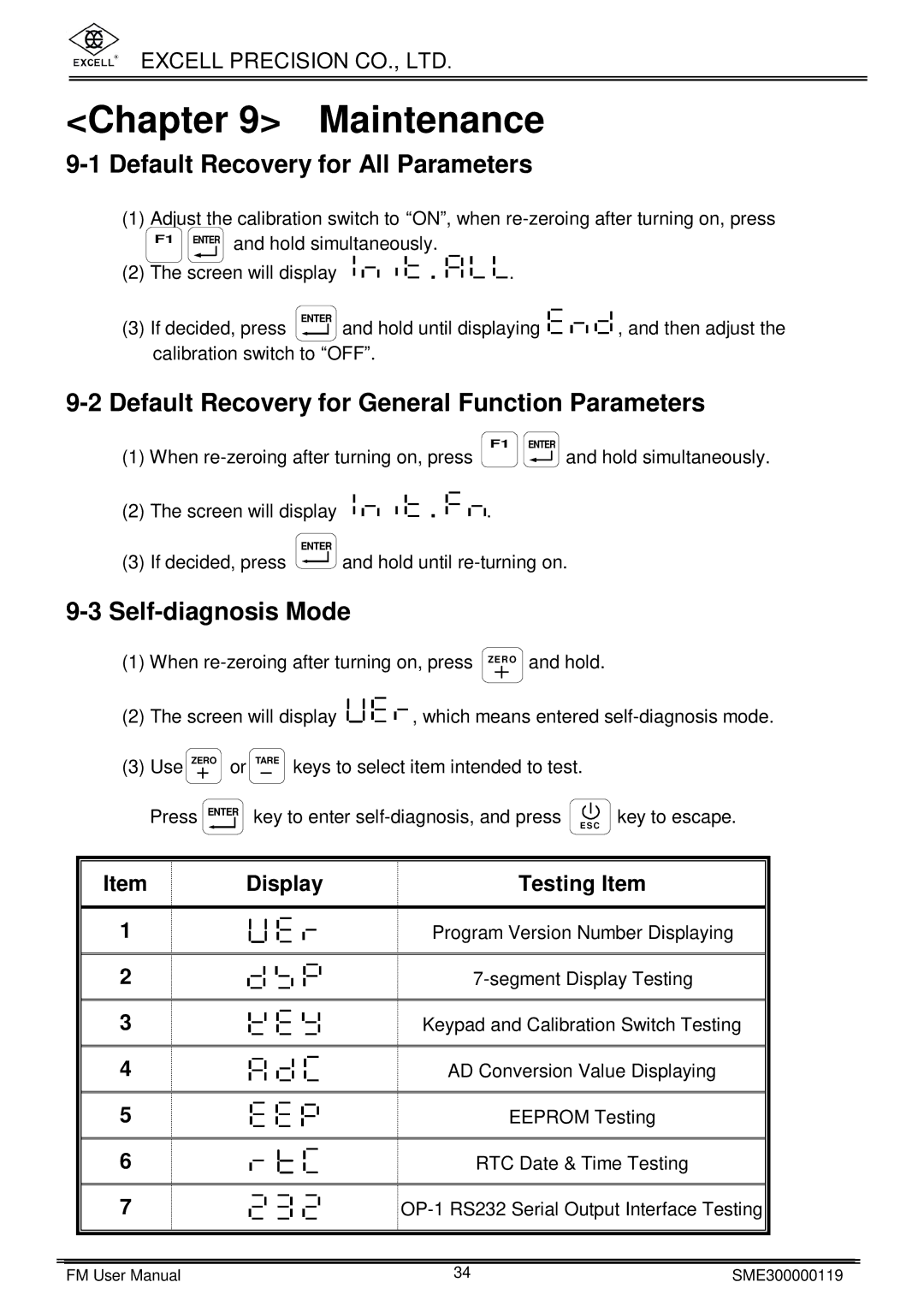 Excell Precision FM Maintenance, Default Recovery for All Parameters, Default Recovery for General Function Parameters 