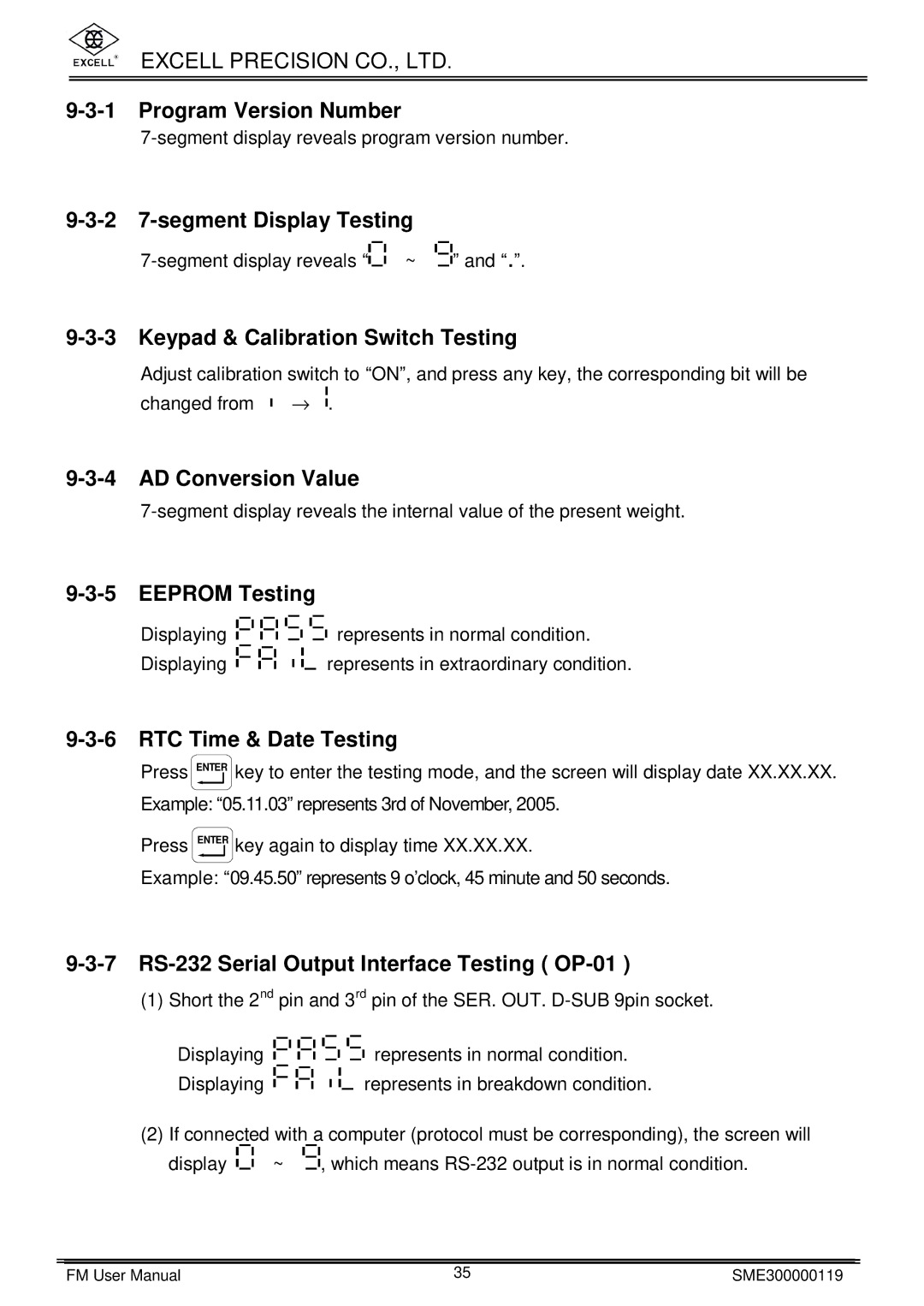 Excell Precision FM user manual Program Version Number, 2 7-segment Display Testing, Keypad & Calibration Switch Testing 