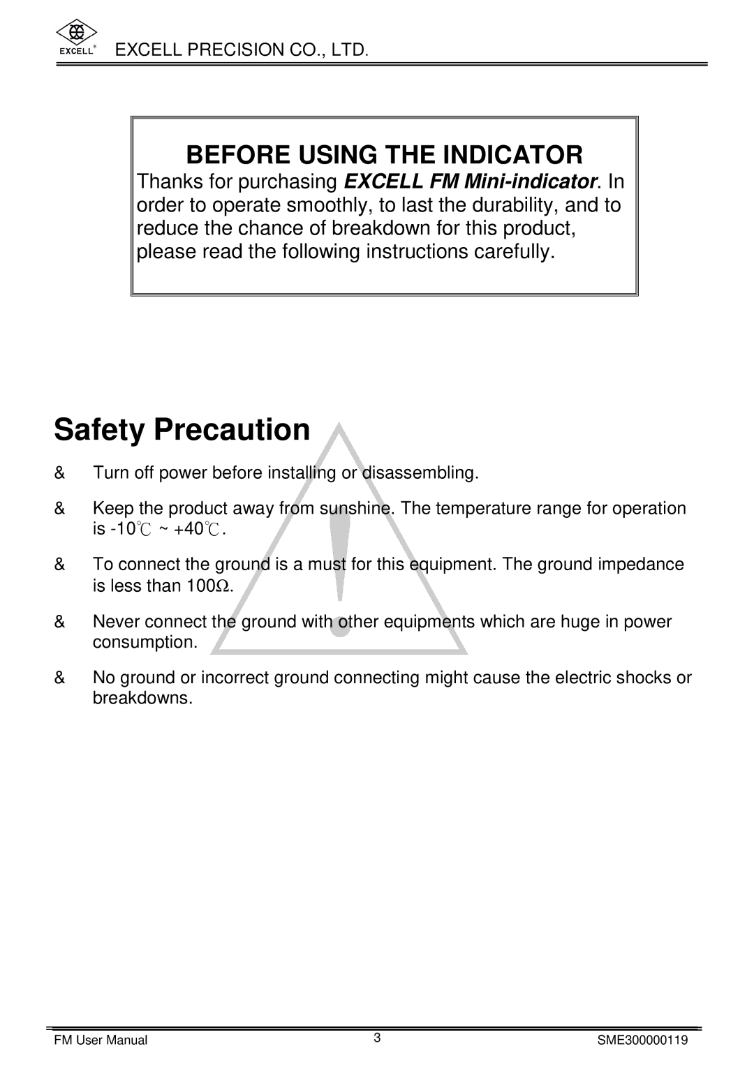 Excell Precision FM user manual Safety Precaution, Before Using the Indicator 