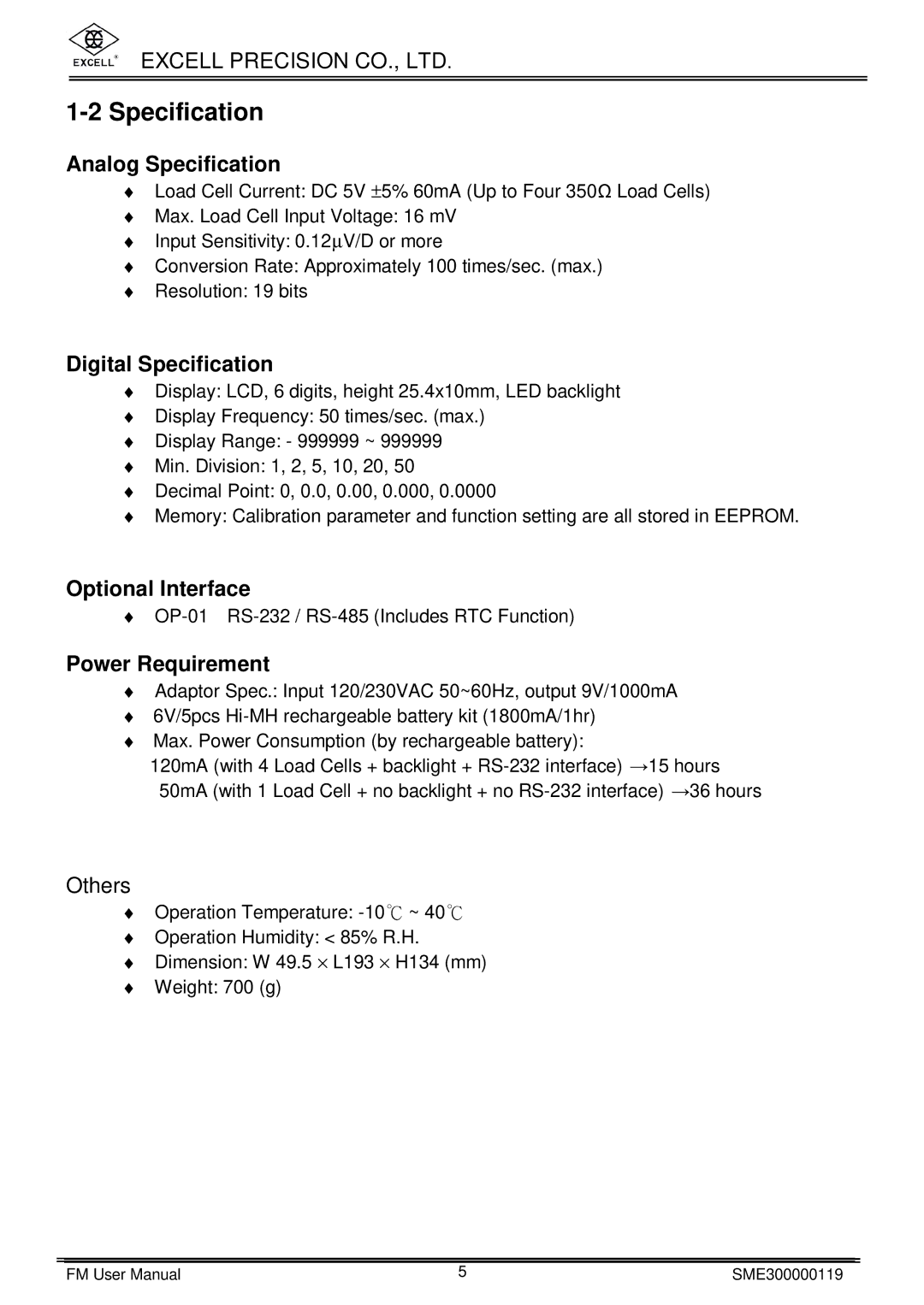 Excell Precision FM user manual Analog Specification, Digital Specification, Optional Interface, Power Requirement 