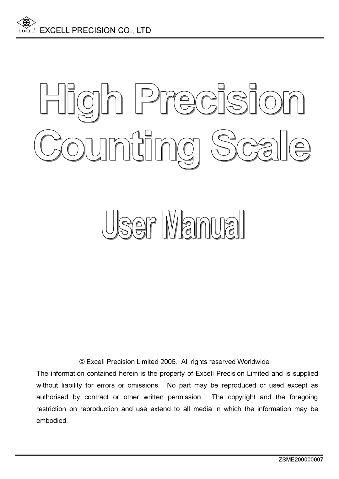 Excell Precision High Precesion Counting Scale manual ZSME200000007 