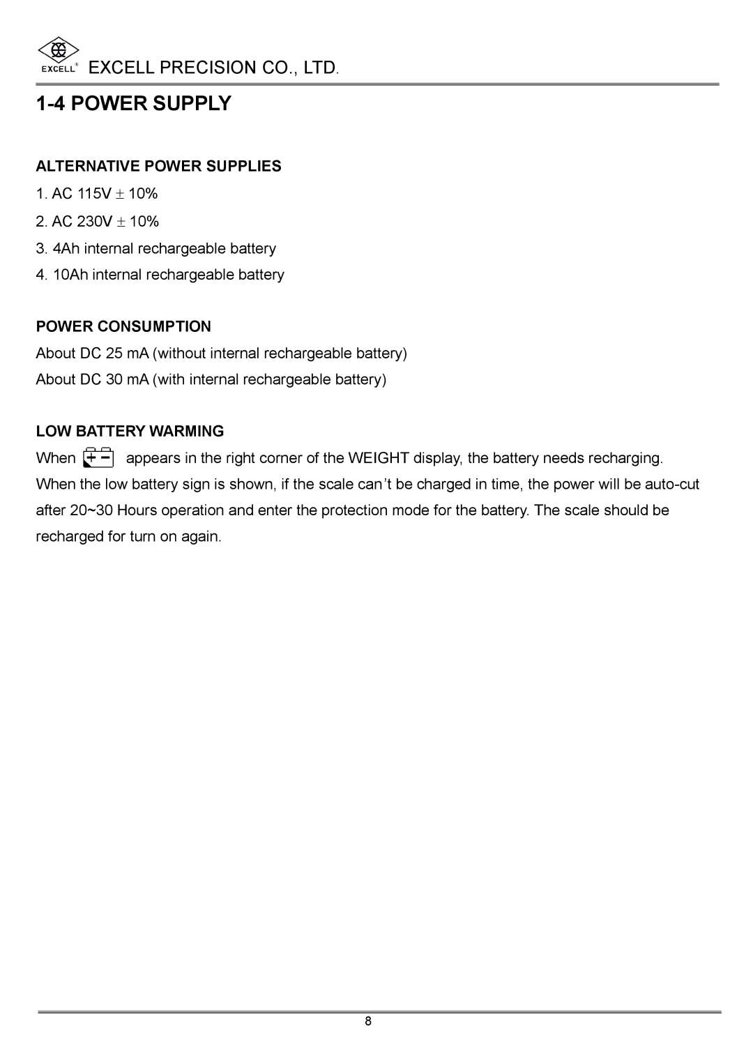 Excell Precision High Precesion Counting Scale manual Power Supply, Alternative Power Supplies, Power Consumption 