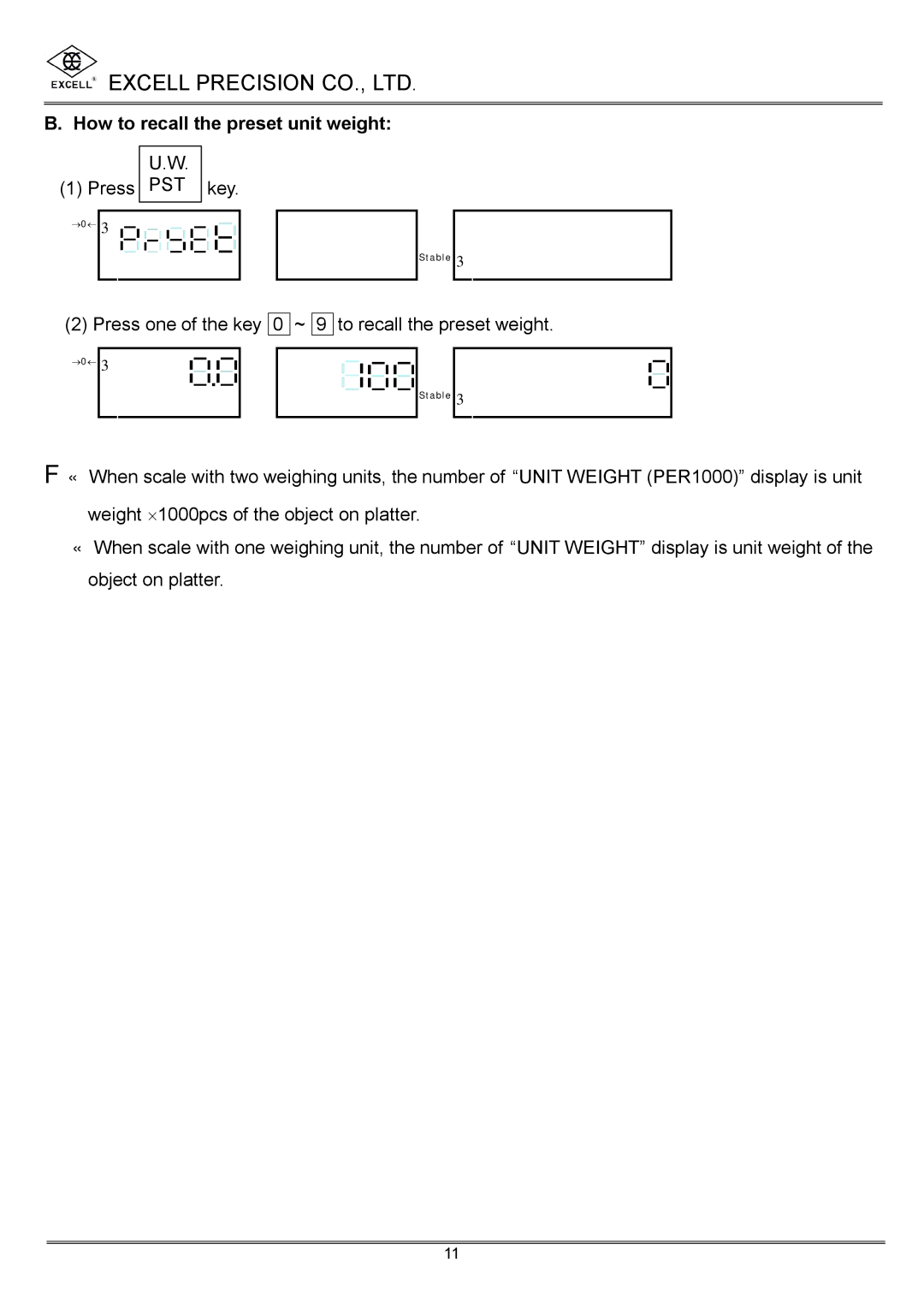 Excell Precision High Precesion Counting Scale manual How to recall the preset unit weight 