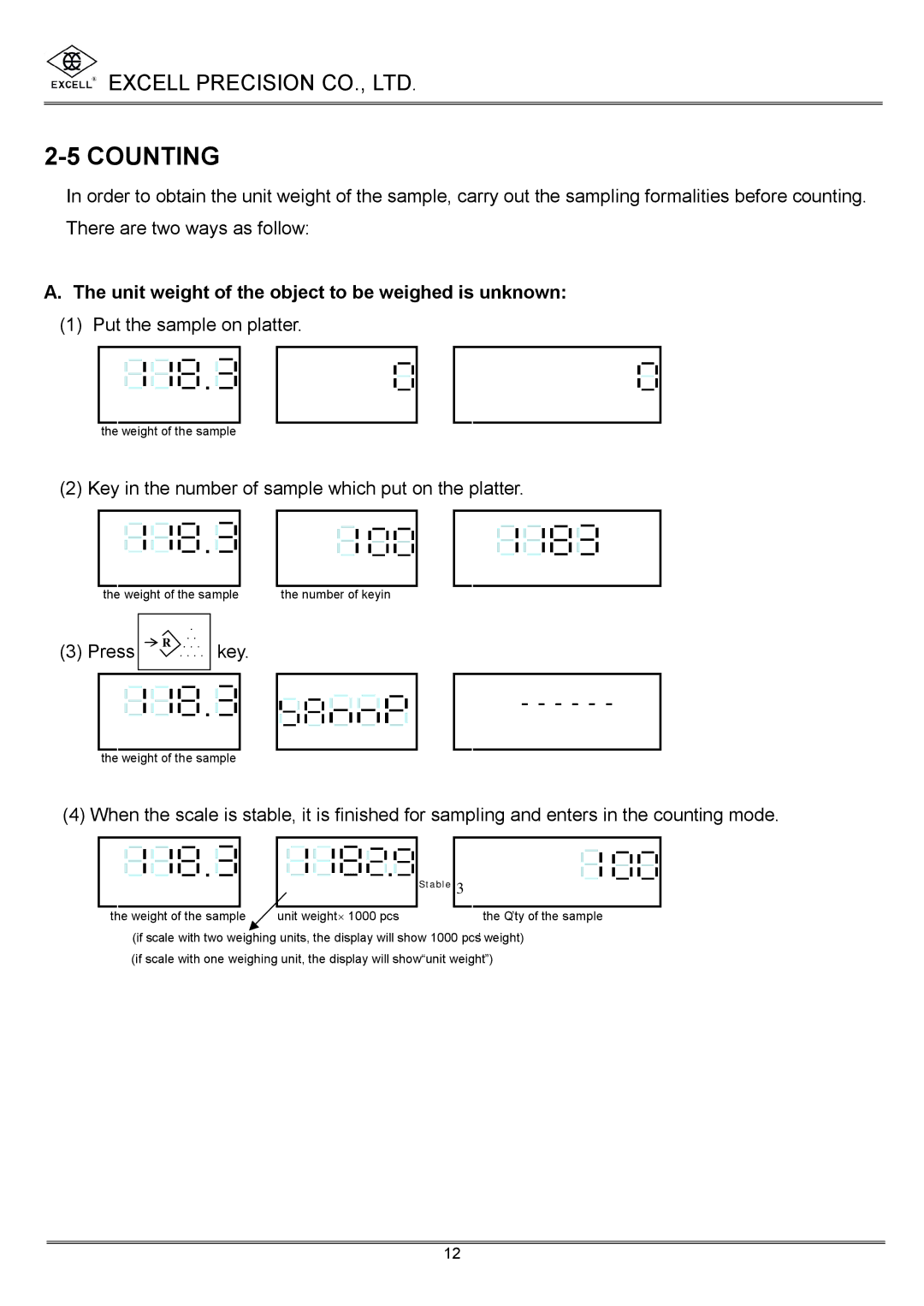 Excell Precision High Precesion Counting Scale manual Unit weight of the object to be weighed is unknown, Press Key 