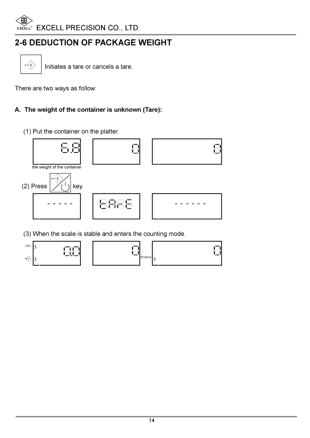 Excell Precision High Precesion Counting Scale manual Deduction of Package Weight, Weight of the container is unknown Tare 