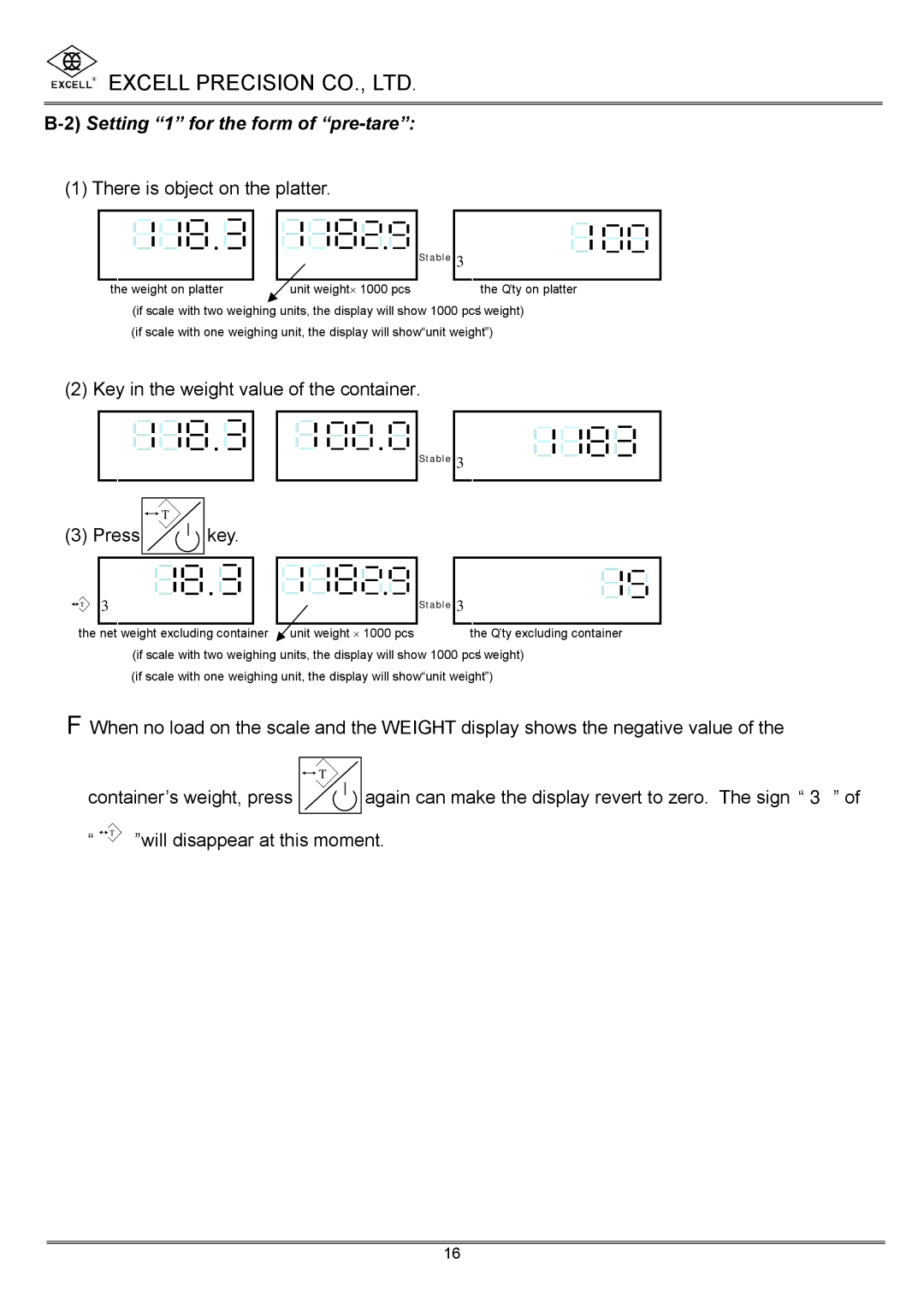 Excell Precision High Precesion Counting Scale manual 2Setting 1 for the form of pre-tare 