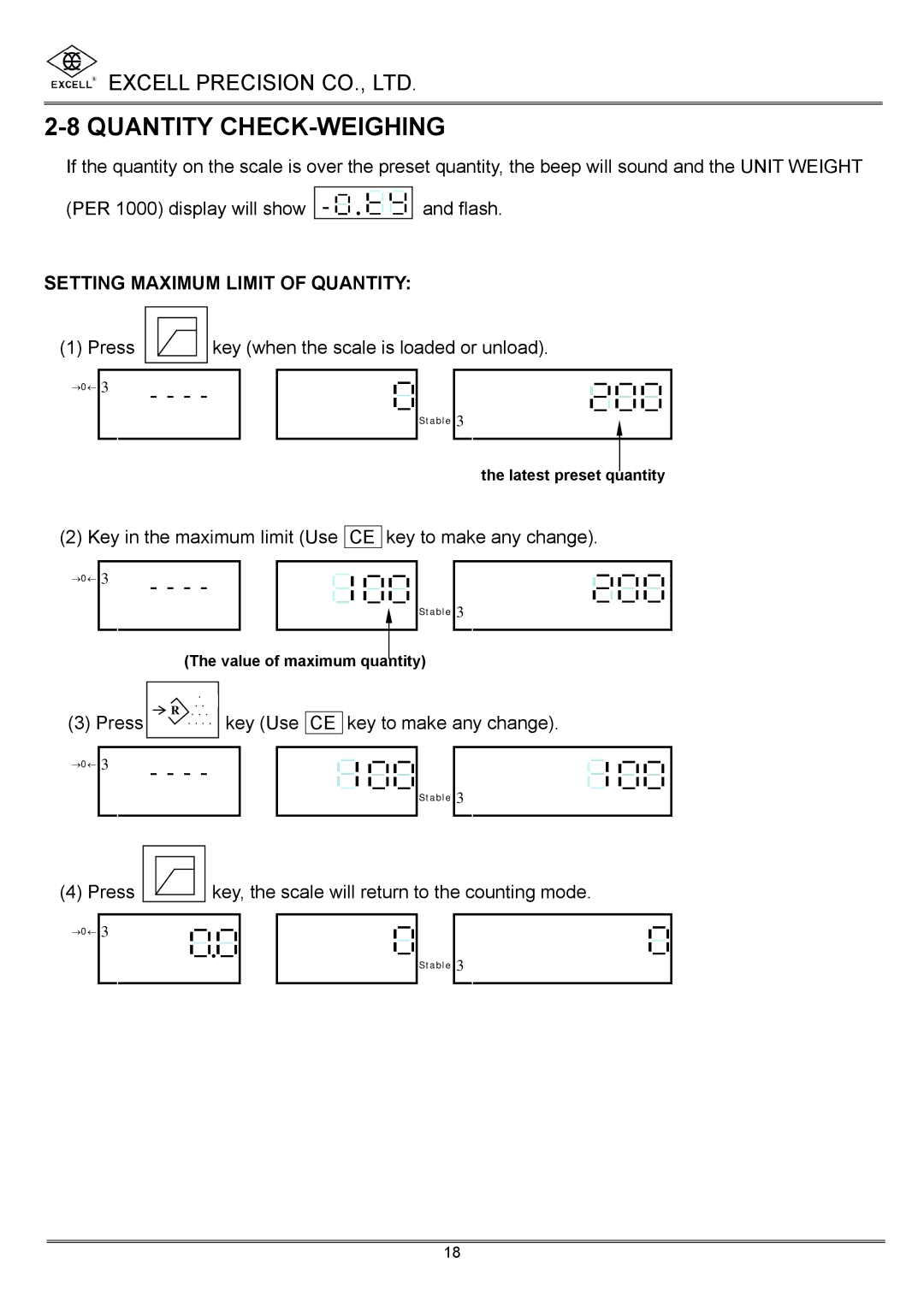 Excell Precision High Precesion Counting Scale manual Quantity CHECK-WEIGHING, Setting Maximum Limit of Quantity 