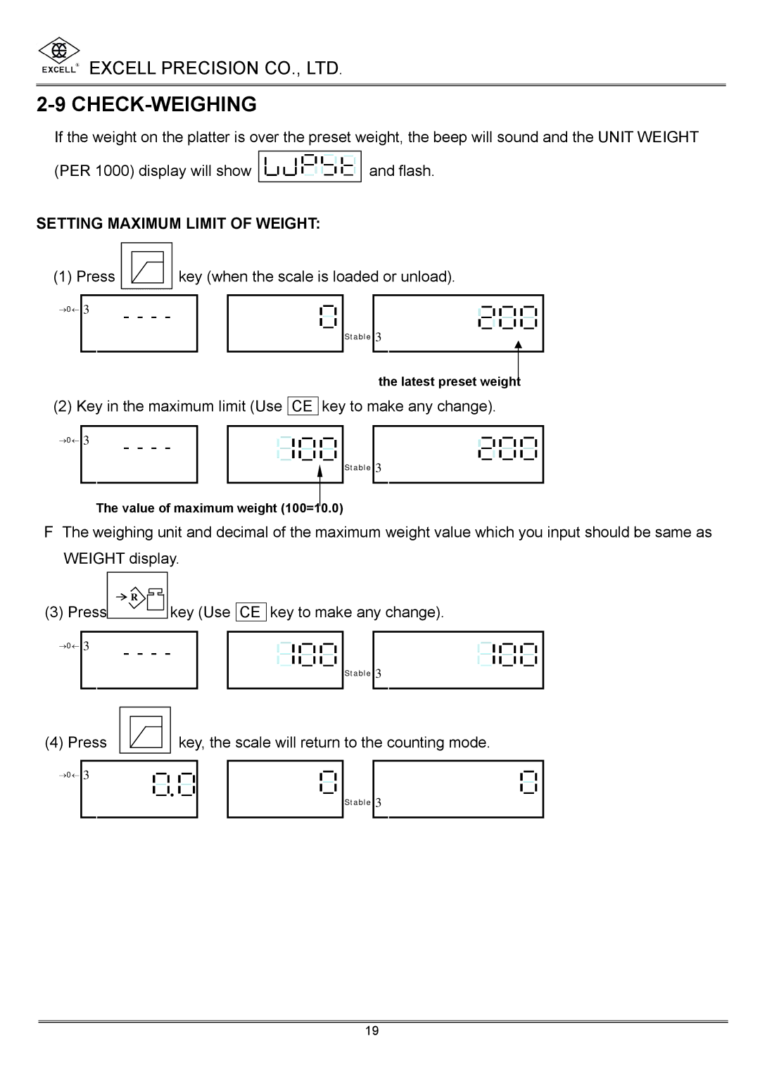 Excell Precision High Precesion Counting Scale manual Check-Weighing, Setting Maximum Limit of Weight 