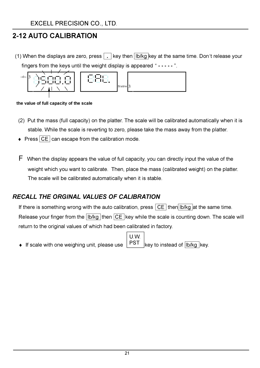 Excell Precision High Precesion Counting Scale manual Auto Calibration, Recall the Orginal Values of Calibration 