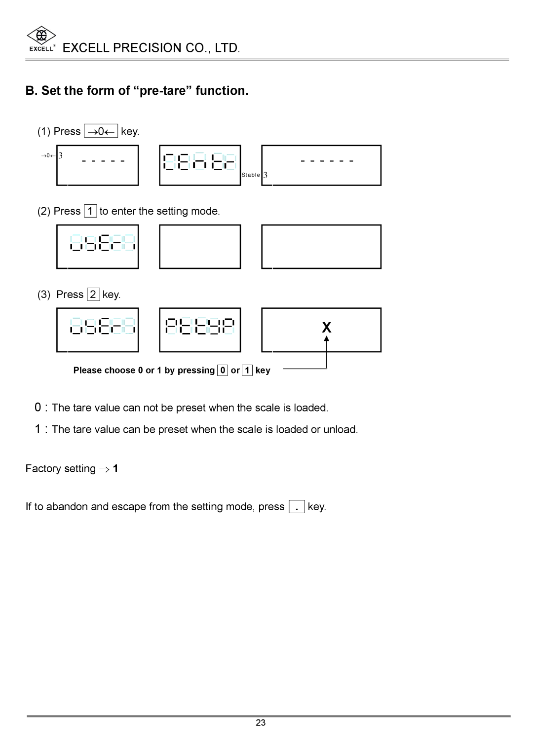 Excell Precision High Precesion Counting Scale manual Set the form of pre-tare function 