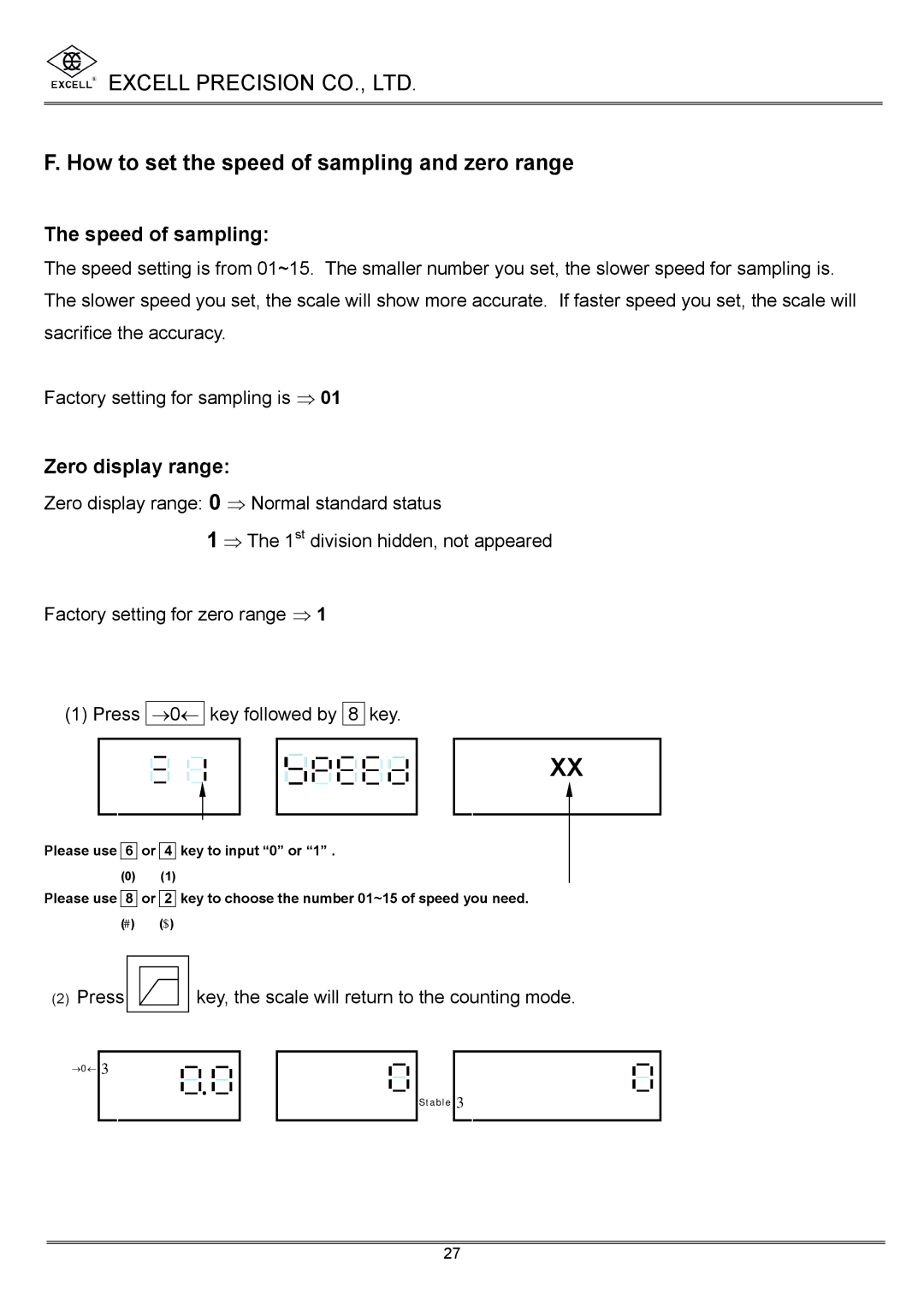 Excell Precision High Precesion Counting Scale manual How to set the speed of sampling and zero range 