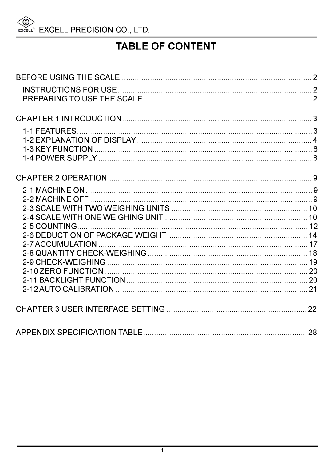 Excell Precision High Precesion Counting Scale manual Table of Content, Features 