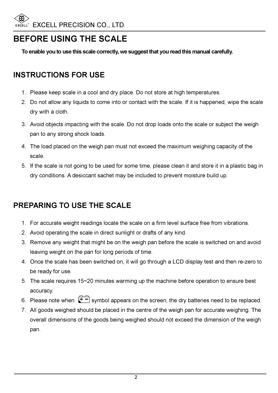 Excell Precision High Precesion Counting Scale Before Using the Scale, Instructions for USE, Preparing to USE the Scale 