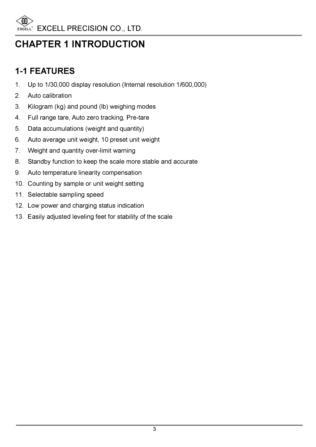 Excell Precision High Precesion Counting Scale manual Introduction, Features 