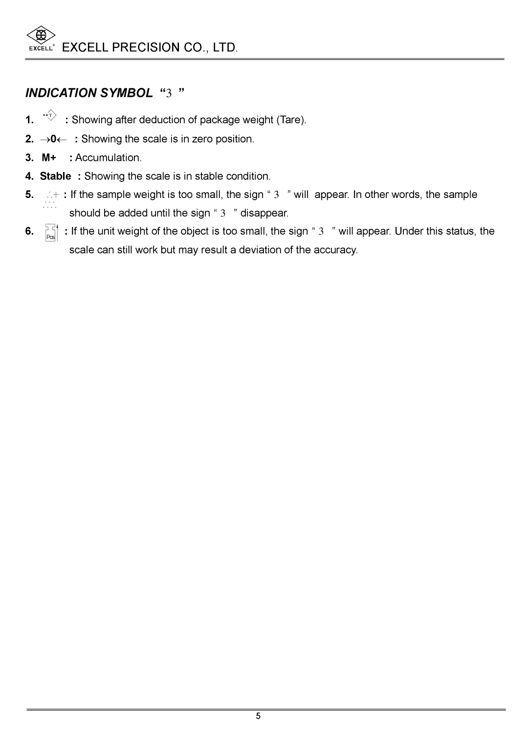 Excell Precision High Precesion Counting Scale manual Indication Symbol, Showing after deduction of package weight Tare 