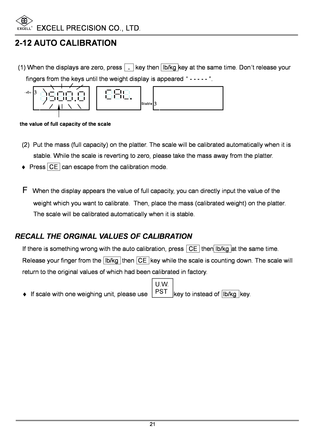 Excell Precision High Precesion Counting Scale manual Auto Calibration, Recall The Orginal Values Of Calibration 