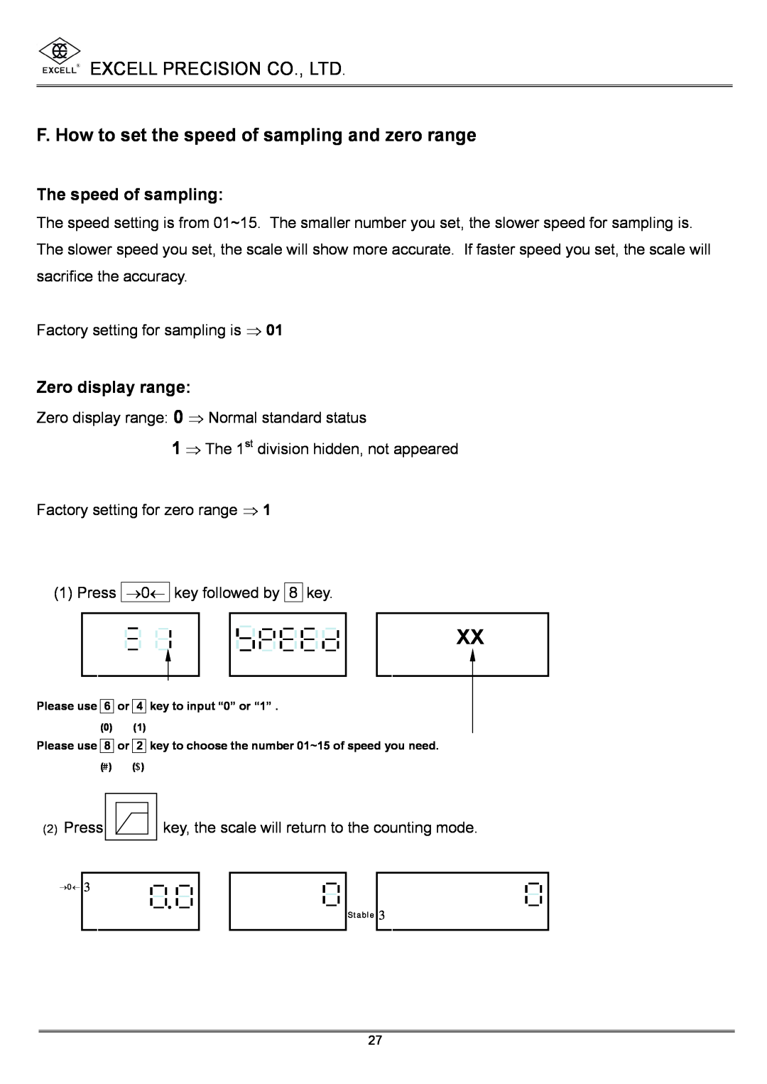 Excell Precision High Precesion Counting Scale F. How to set the speed of sampling and zero range, The speed of sampling 