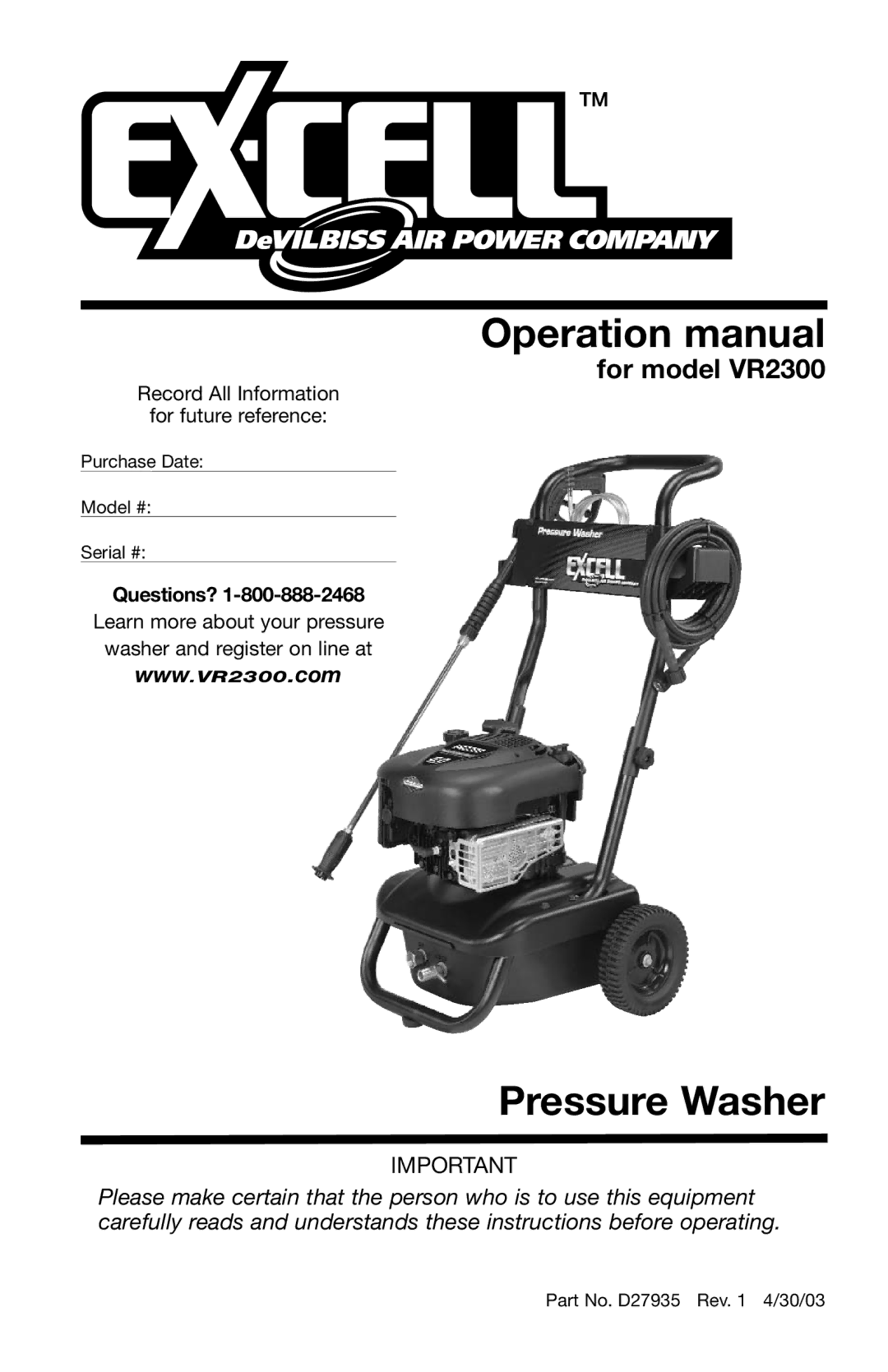 Excell Precision VR2300 operation manual Pressure Washer 