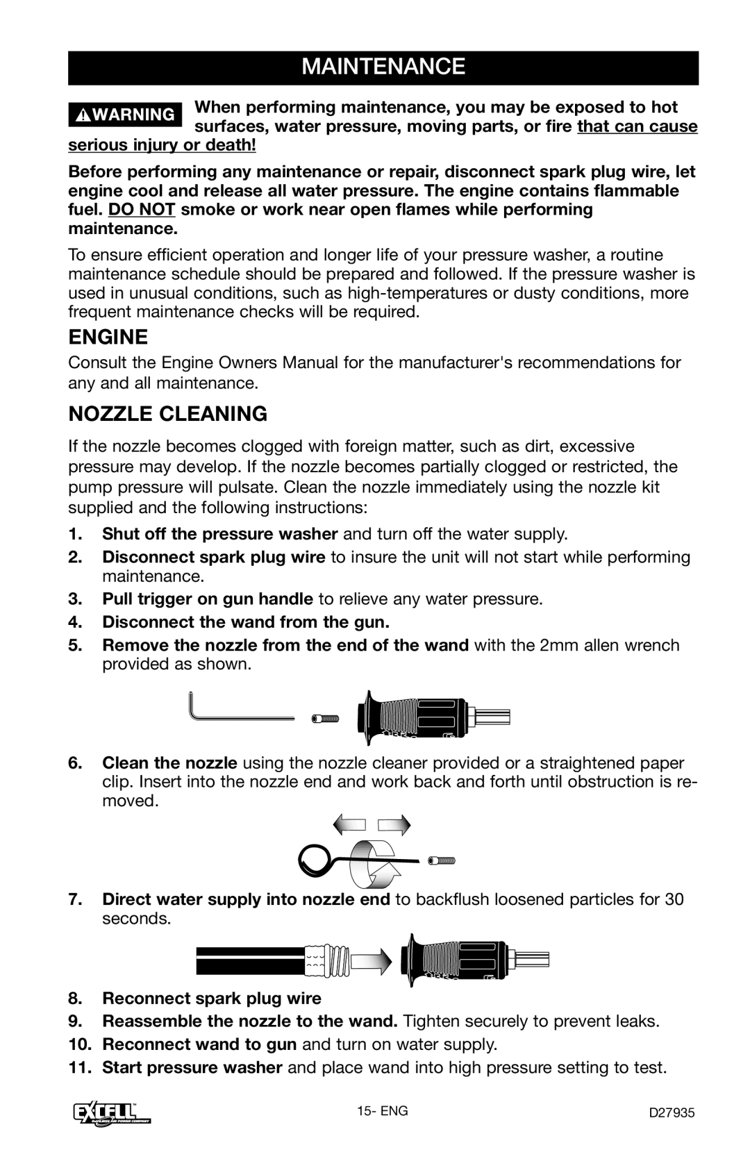 Excell Precision VR2300 operation manual Maintenance, Engine Nozzle Cleaning 