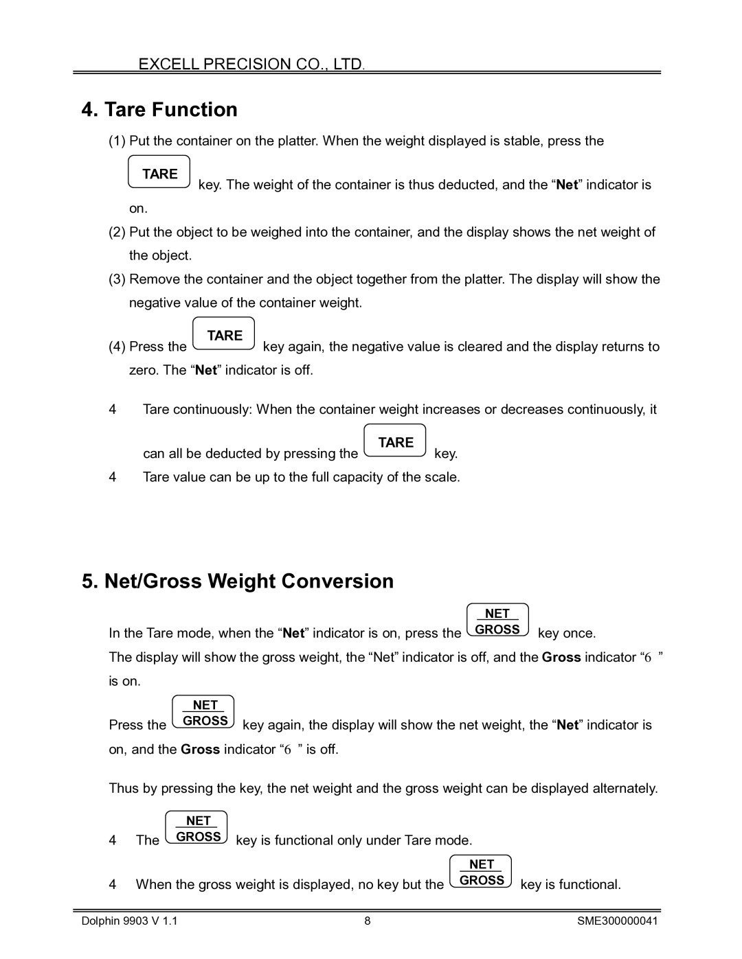 Excell Precision Weighing Scale manual Tare Function, Net/Gross Weight Conversion 