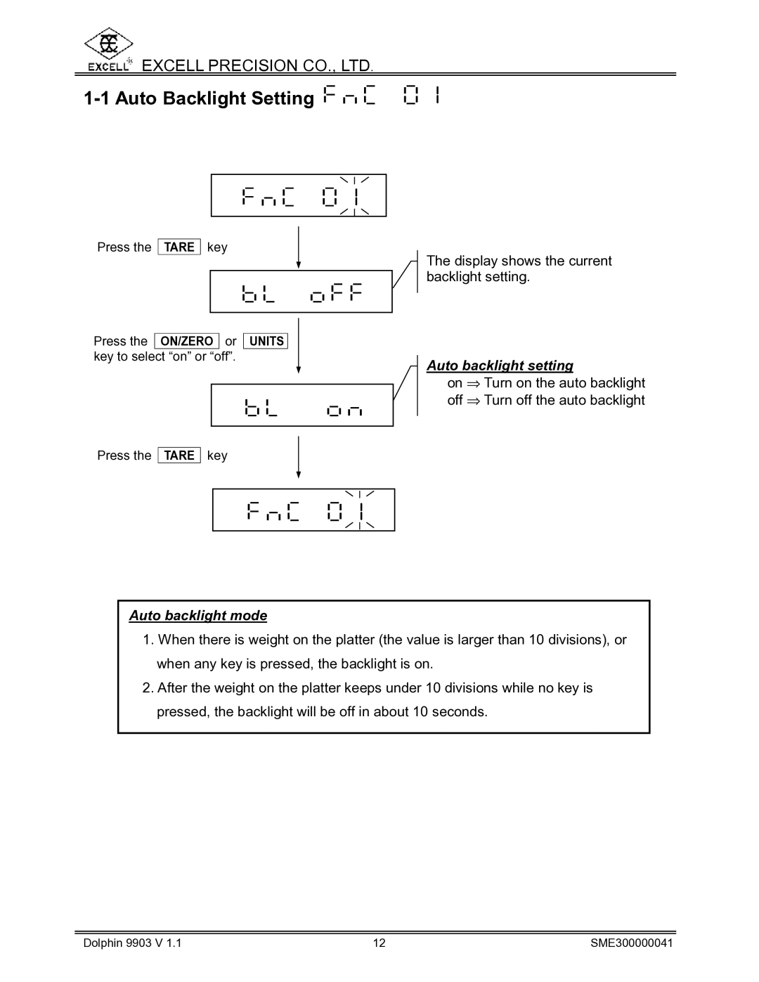 Excell Precision Weighing Scale manual Auto Backlight Setting, Auto backlight setting, Auto backlight mode 