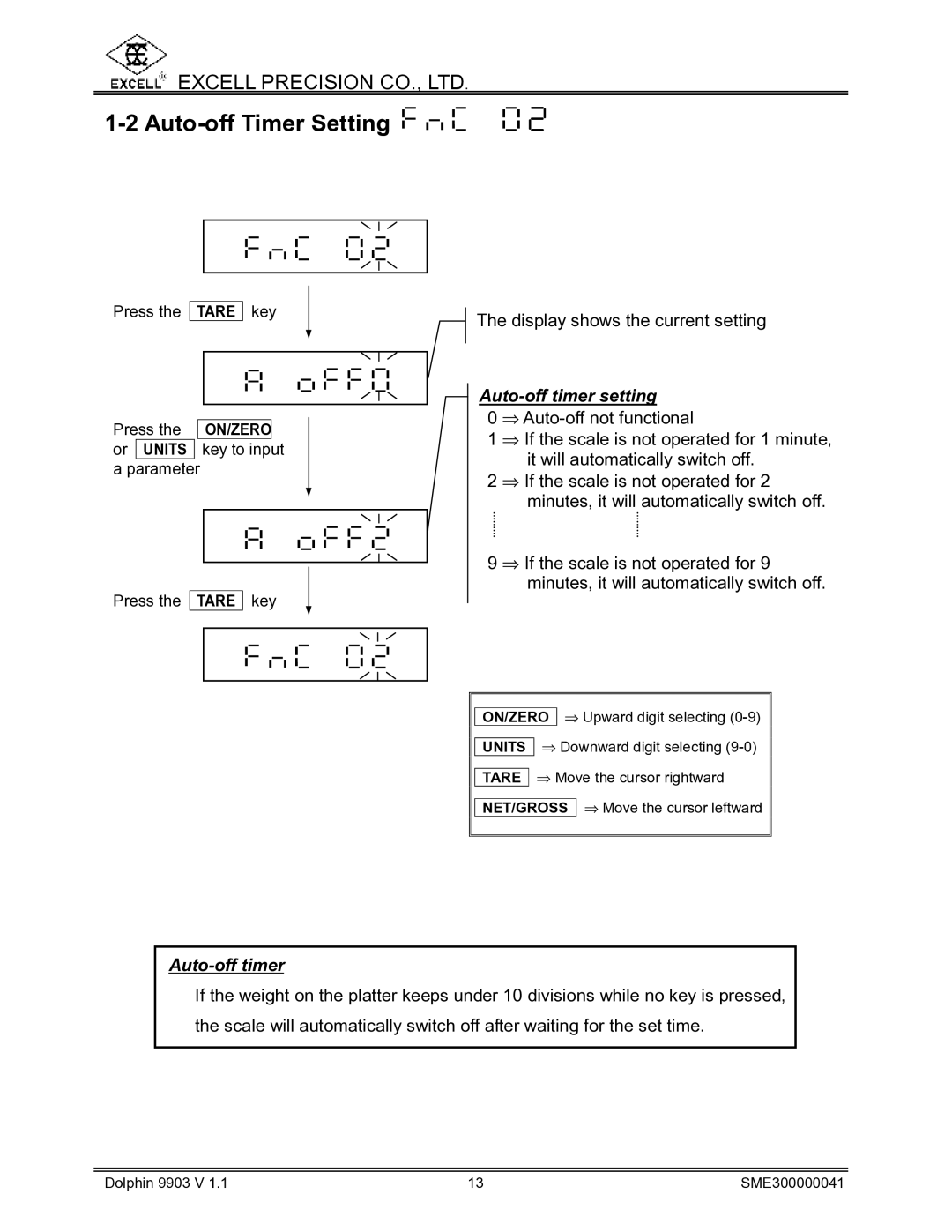 Excell Precision Weighing Scale manual Auto-off Timer Setting, Auto-off timer setting 