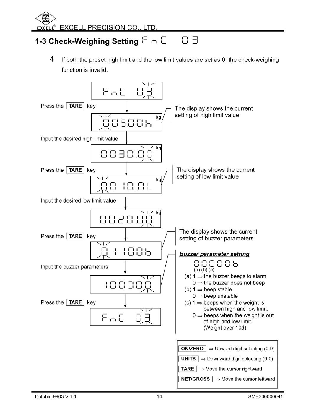 Excell Precision Weighing Scale manual Check-Weighing Setting, Buzzer parameter setting 