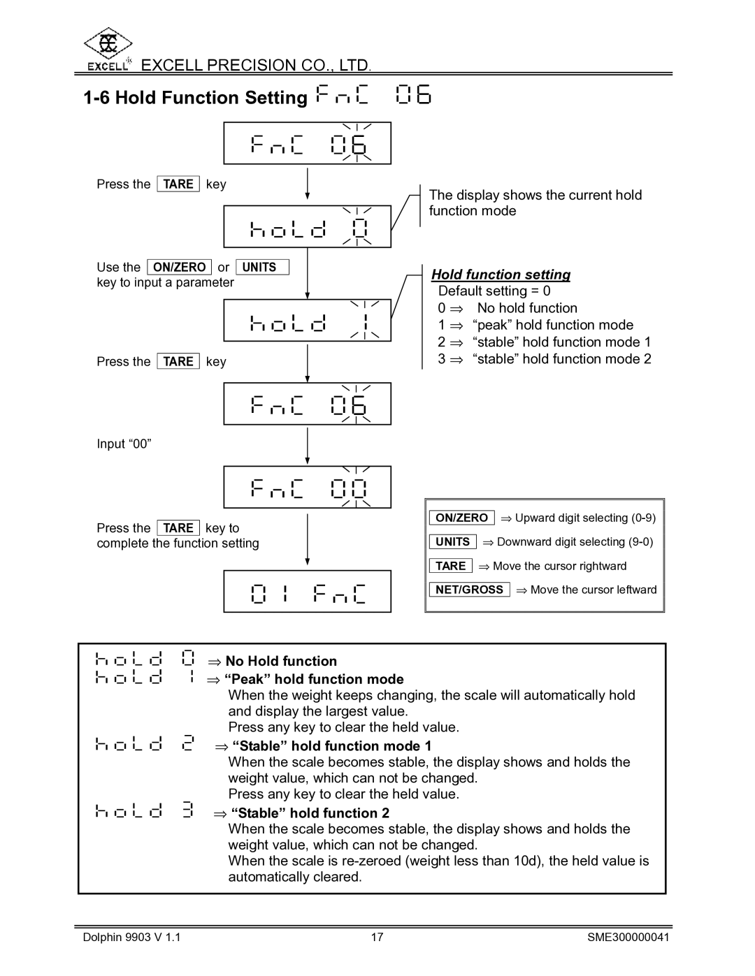 Excell Precision Weighing Scale manual Hold Function Setting, Hold function setting 