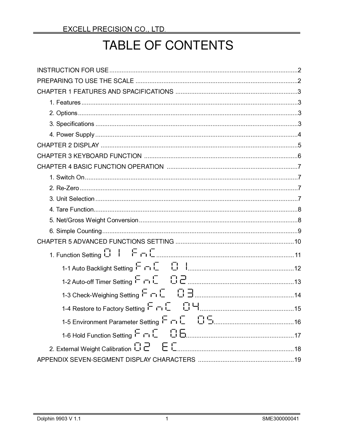 Excell Precision Weighing Scale manual Table of Contents 