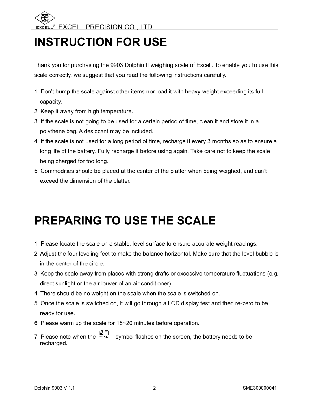 Excell Precision Weighing Scale manual Instruction for USE 