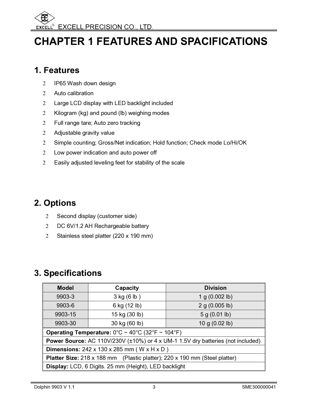 Excell Precision Weighing Scale manual Features and Spacifications, Options, Specifications 