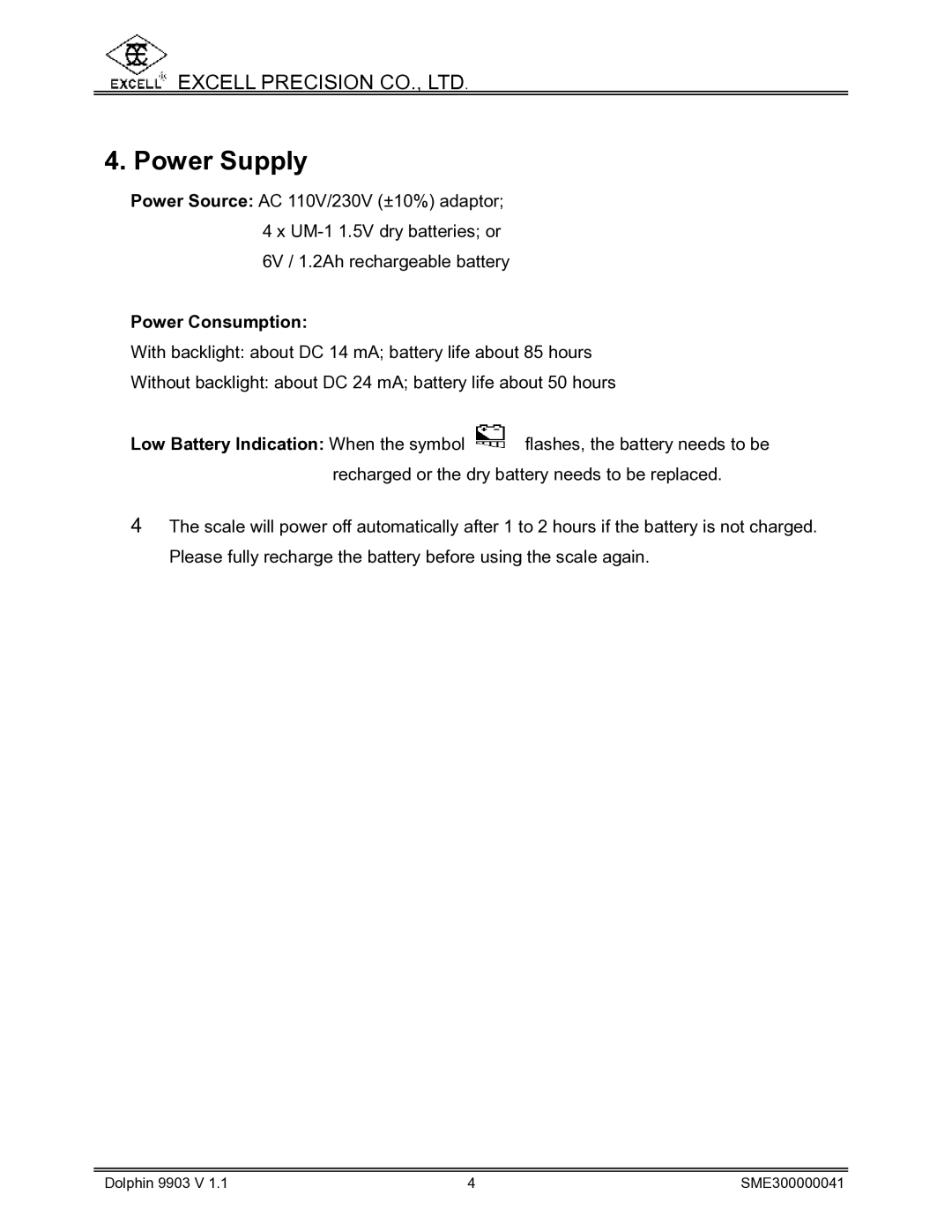 Excell Precision Weighing Scale manual Power Supply, Power Consumption 