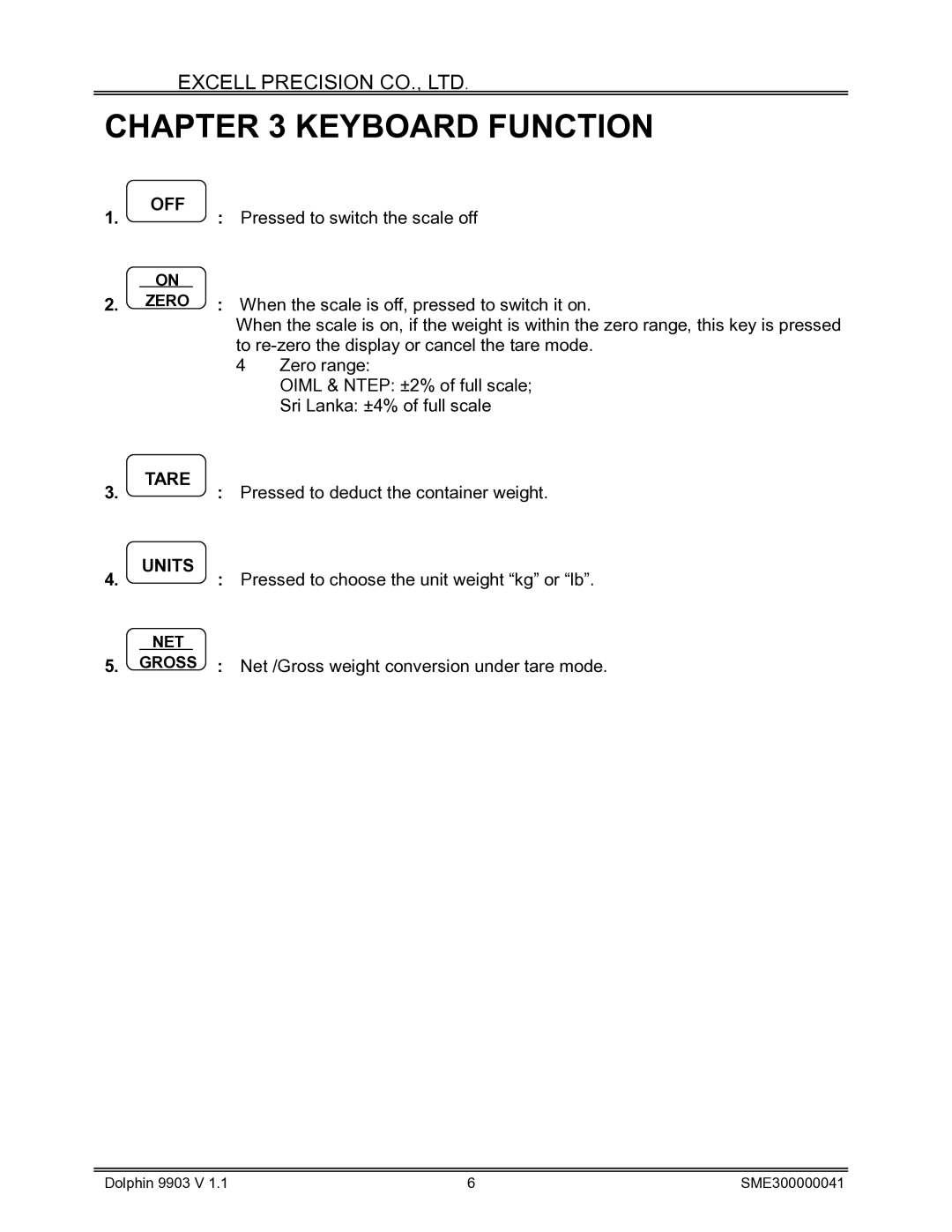 Excell Precision Weighing Scale manual Keyboard Function, Off 