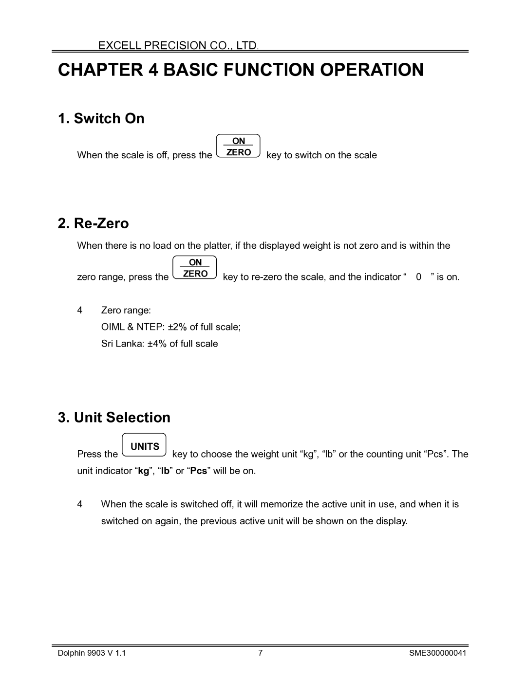 Excell Precision Weighing Scale manual Basic Function Operation, Switch On, Re-Zero, Unit Selection 