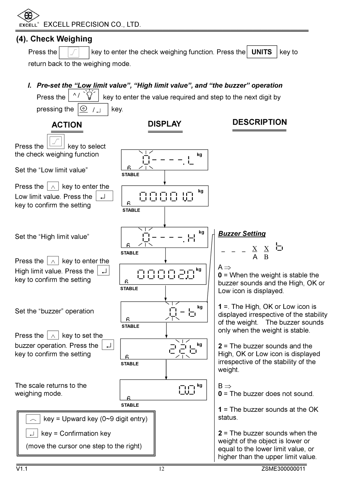 Excell Precision WEIGHING SCALES manual Check Weighing, Buzzer Setting 