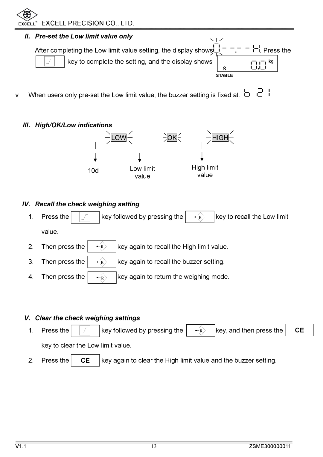 Excell Precision WEIGHING SCALES manual III. High/OK/Low indications, IV. Recall the check weighing setting 