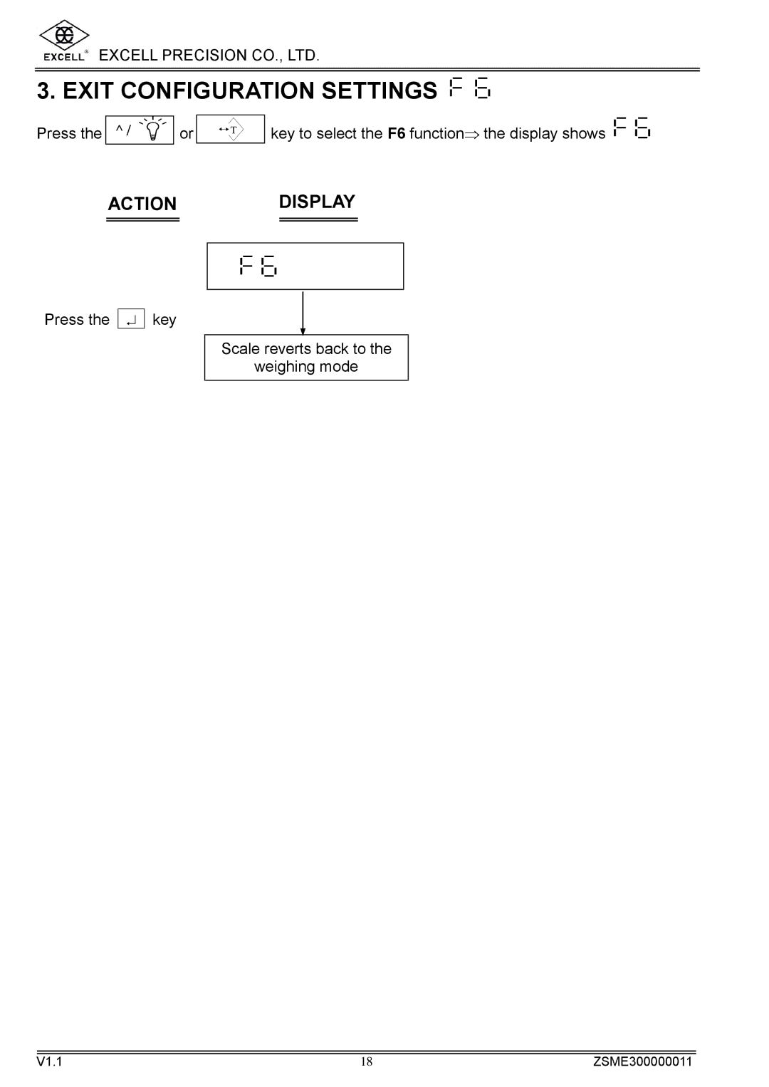 Excell Precision WEIGHING SCALES manual Exit Configuration Settings 