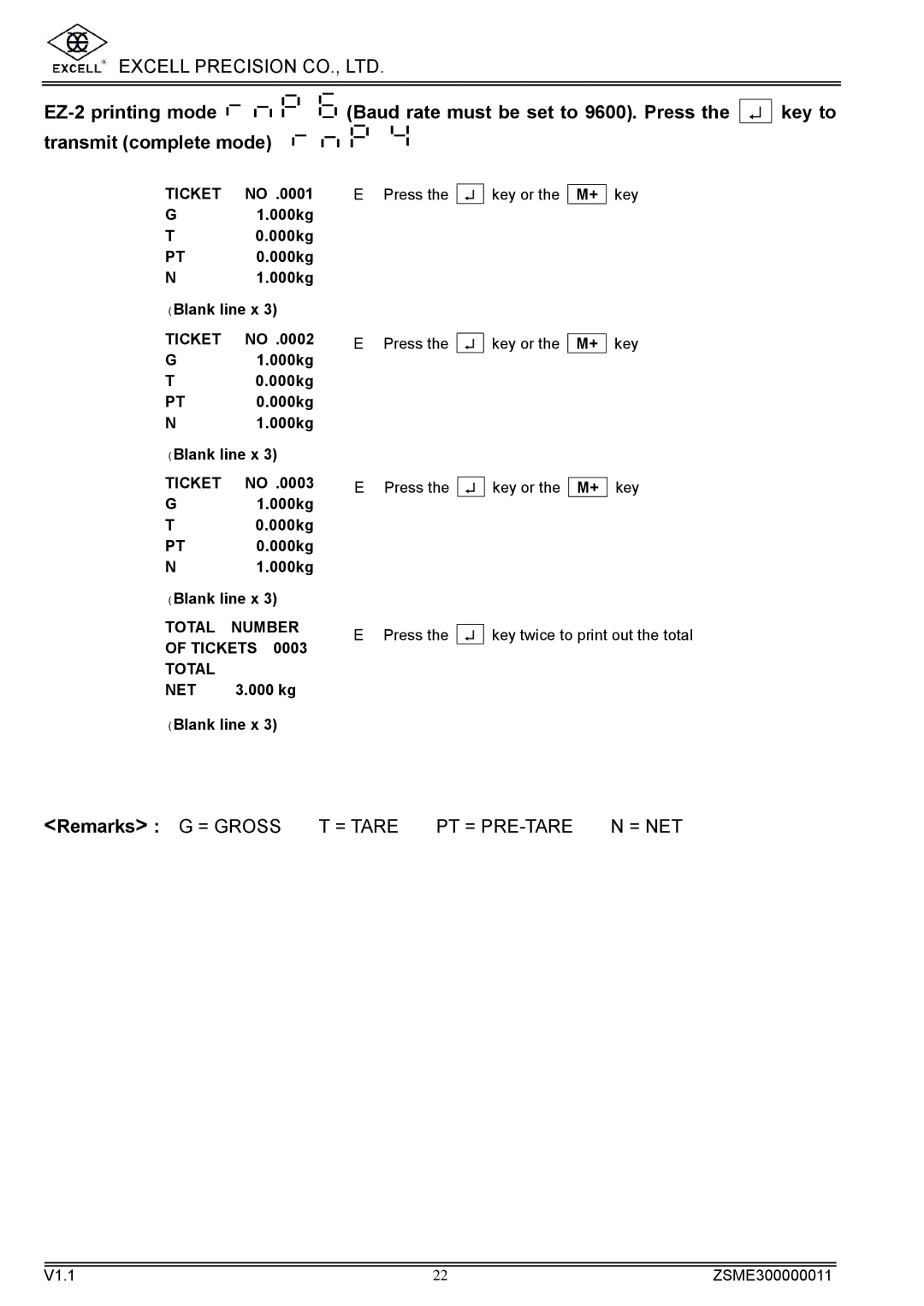 Excell Precision WEIGHING SCALES manual Key to 