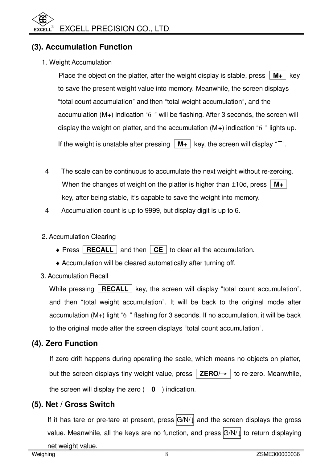 Excell Precision www.excell.com.tw/excell_en/uploads/product/200712 user manual Accumulation Function, Zero Function 