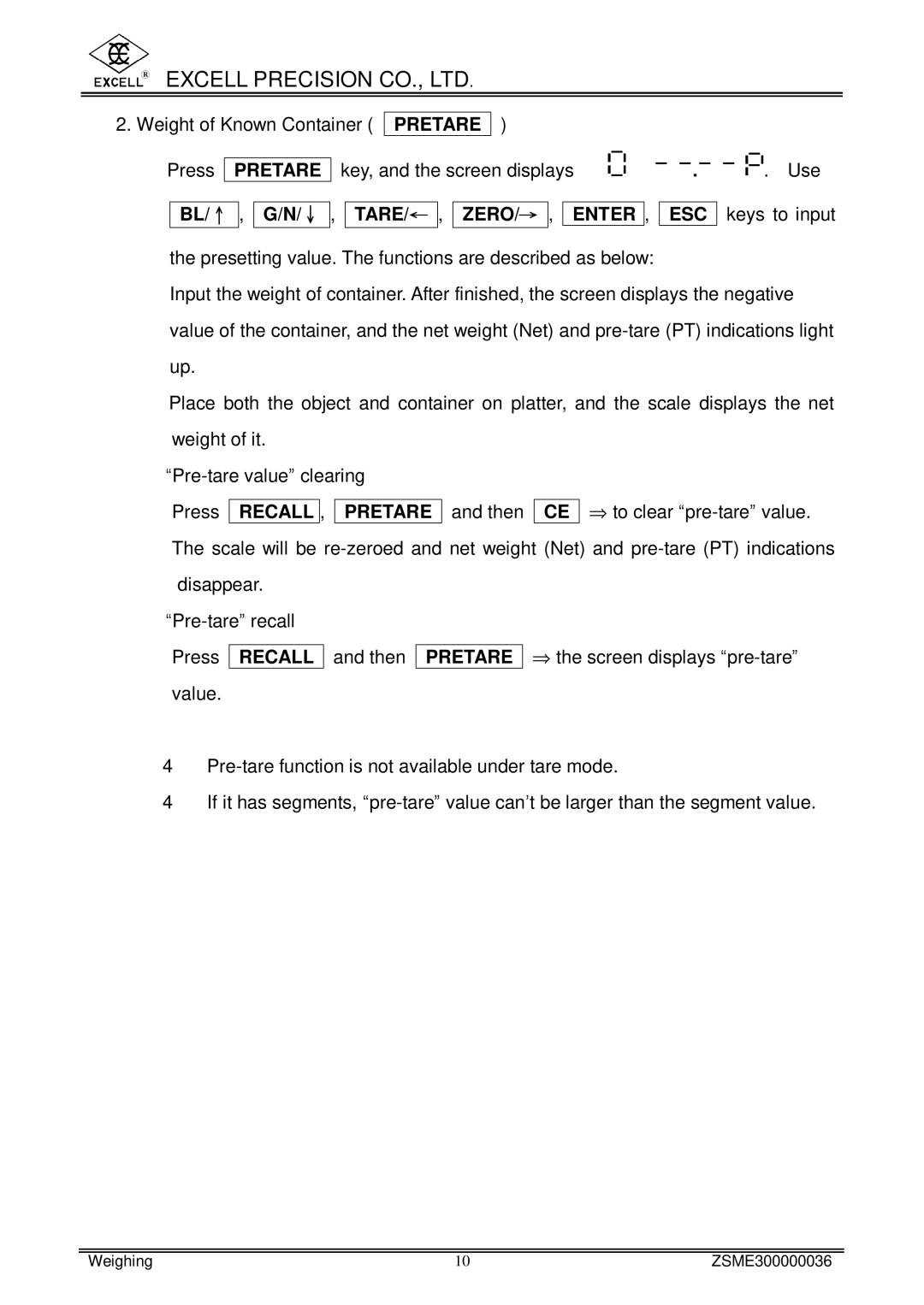 Excell Precision www.excell.com.tw/excell_en/uploads/product/200712 user manual Pretare, TARE/← ZERO/→ Enter ESC 