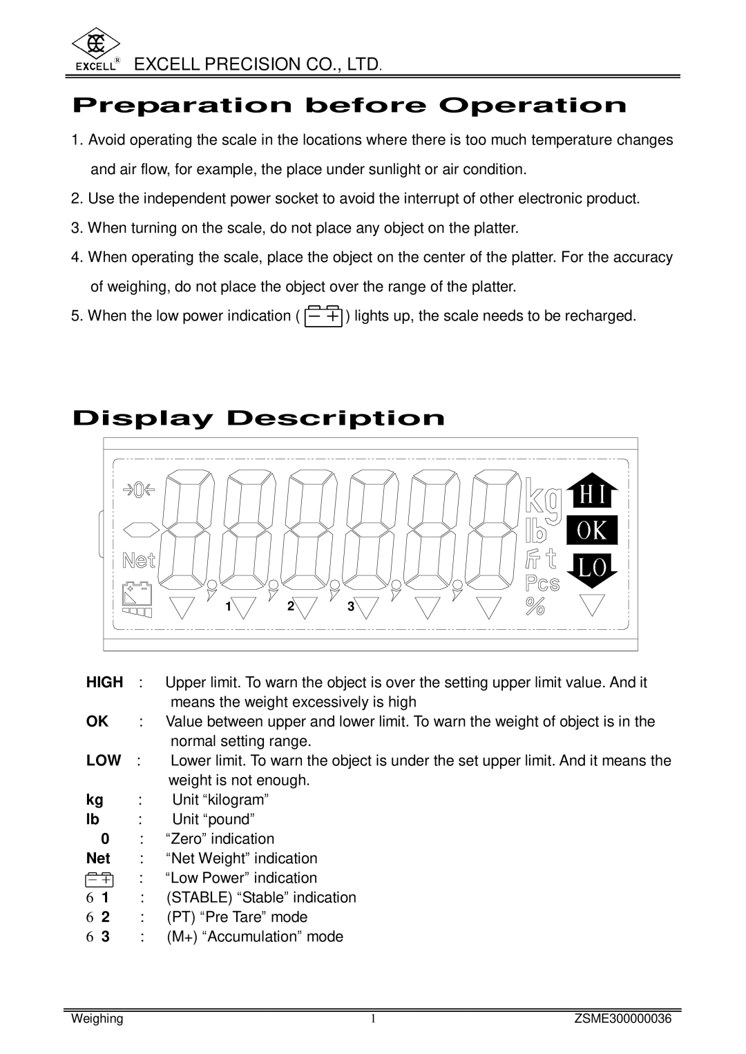 Excell Precision www.excell.com.tw/excell_en/uploads/product/200712 Preparation before Operation, Display Description, Low 