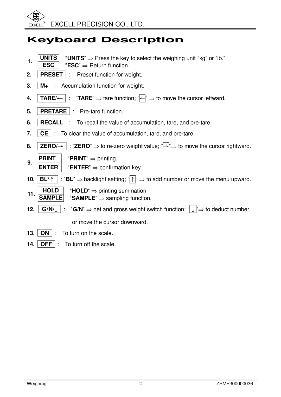 Excell Precision www.excell.com.tw/excell_en/uploads/product/200712 user manual Keyboard Description, Sample 