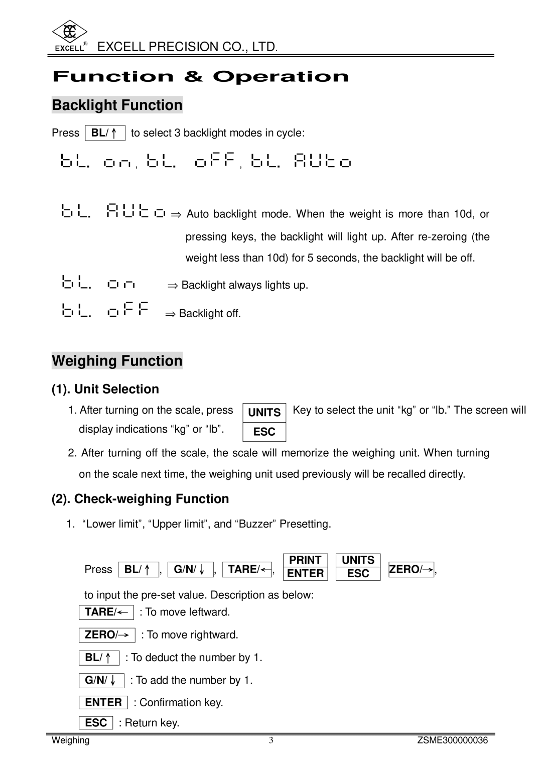 Excell Precision www.excell.com.tw/excell_en/uploads/product/200712 user manual Function & Operation Backlight Function 