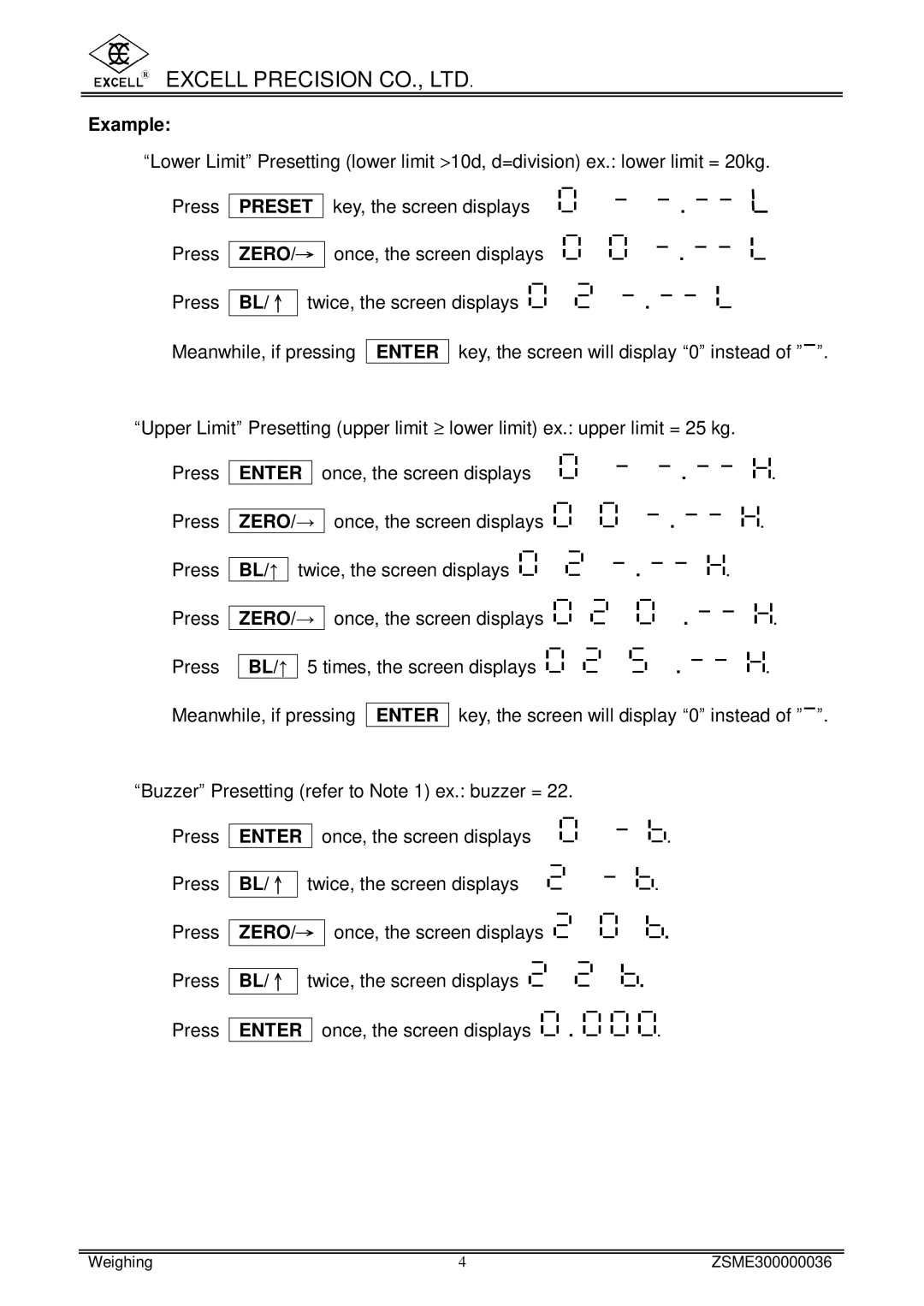 Excell Precision www.excell.com.tw/excell_en/uploads/product/200712 user manual Example, Preset, Zero/ →, Bl/ ↑ 